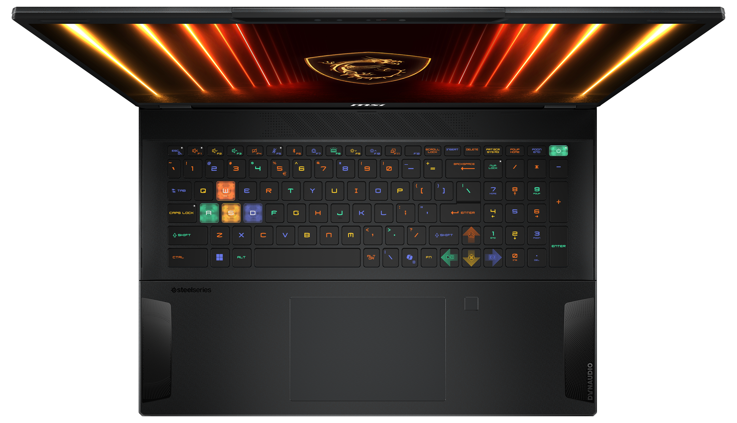 Draufsicht auf eine Laptop-Tastatur, die in verschiedenen Farben beleuchtet ist.