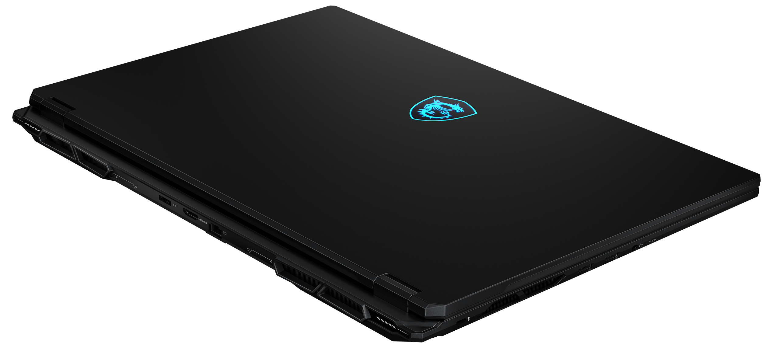 Ein schwarzer Laptop aus einem Winkel. Die Oberseite ist schwarz mit einem hellblauen Logo.