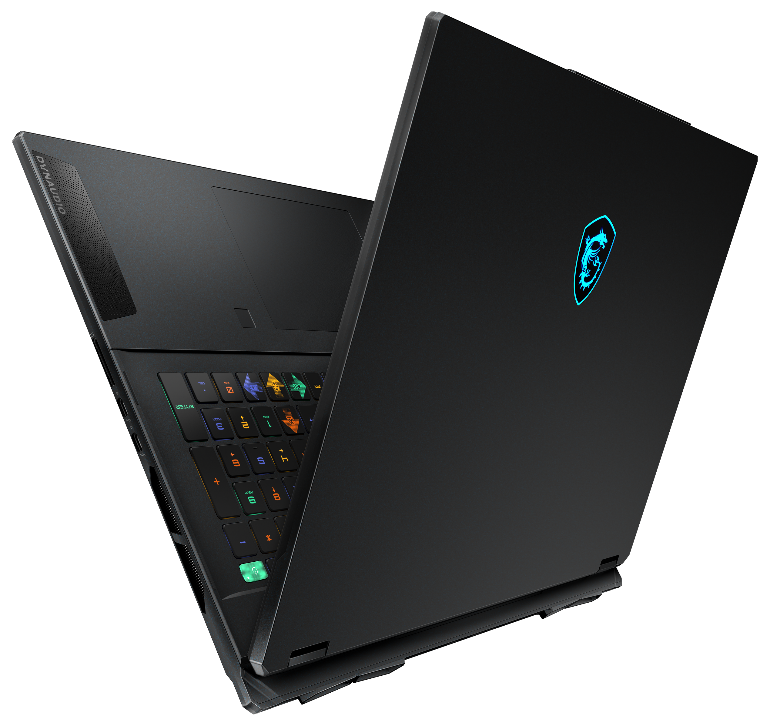 Schwarzer Laptop mit geöffnetem Bildschirm. Die Tastatur leuchtet. Die Rückseite hat ein leuchtendes Drachenlogo.