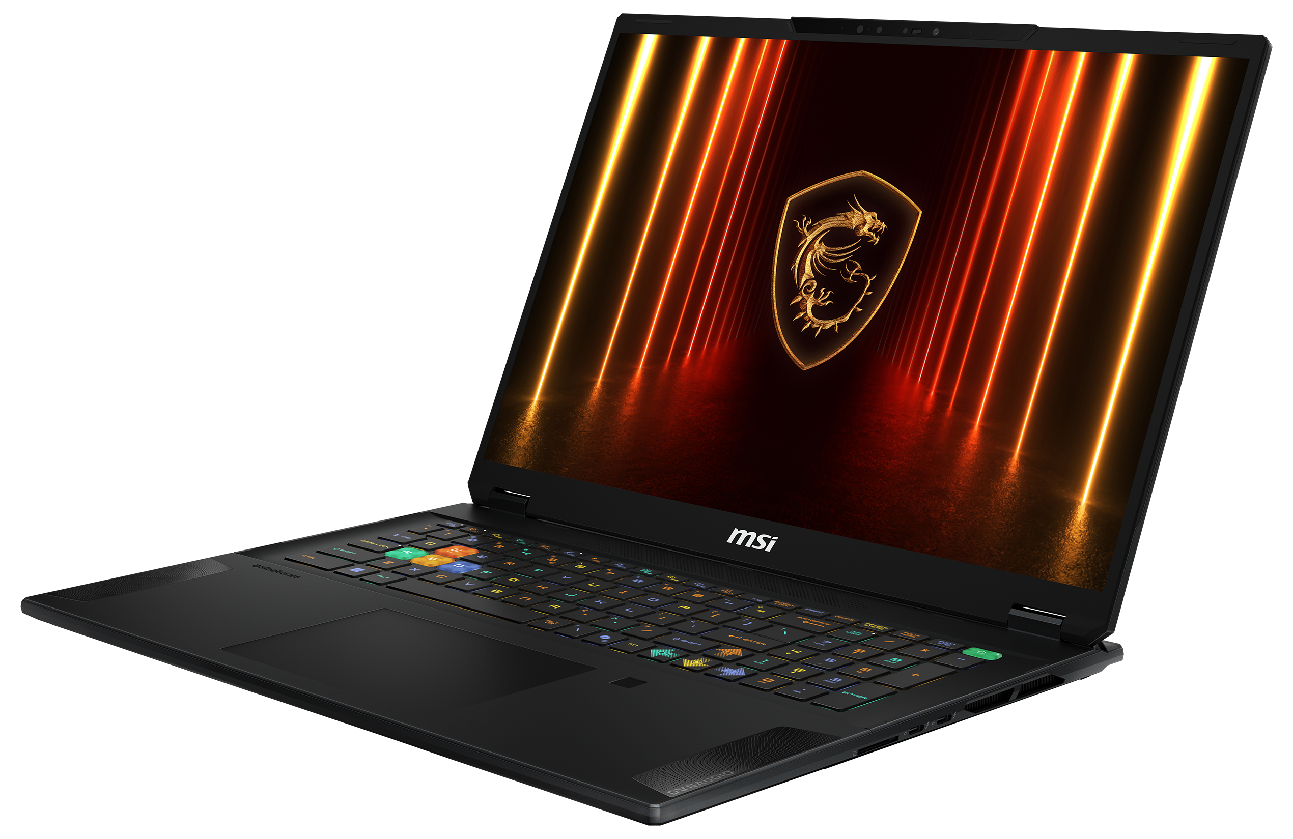Schwarzer Laptop mit farbenfroher Tastatur, geöffnet auf dunklem Hintergrund.
