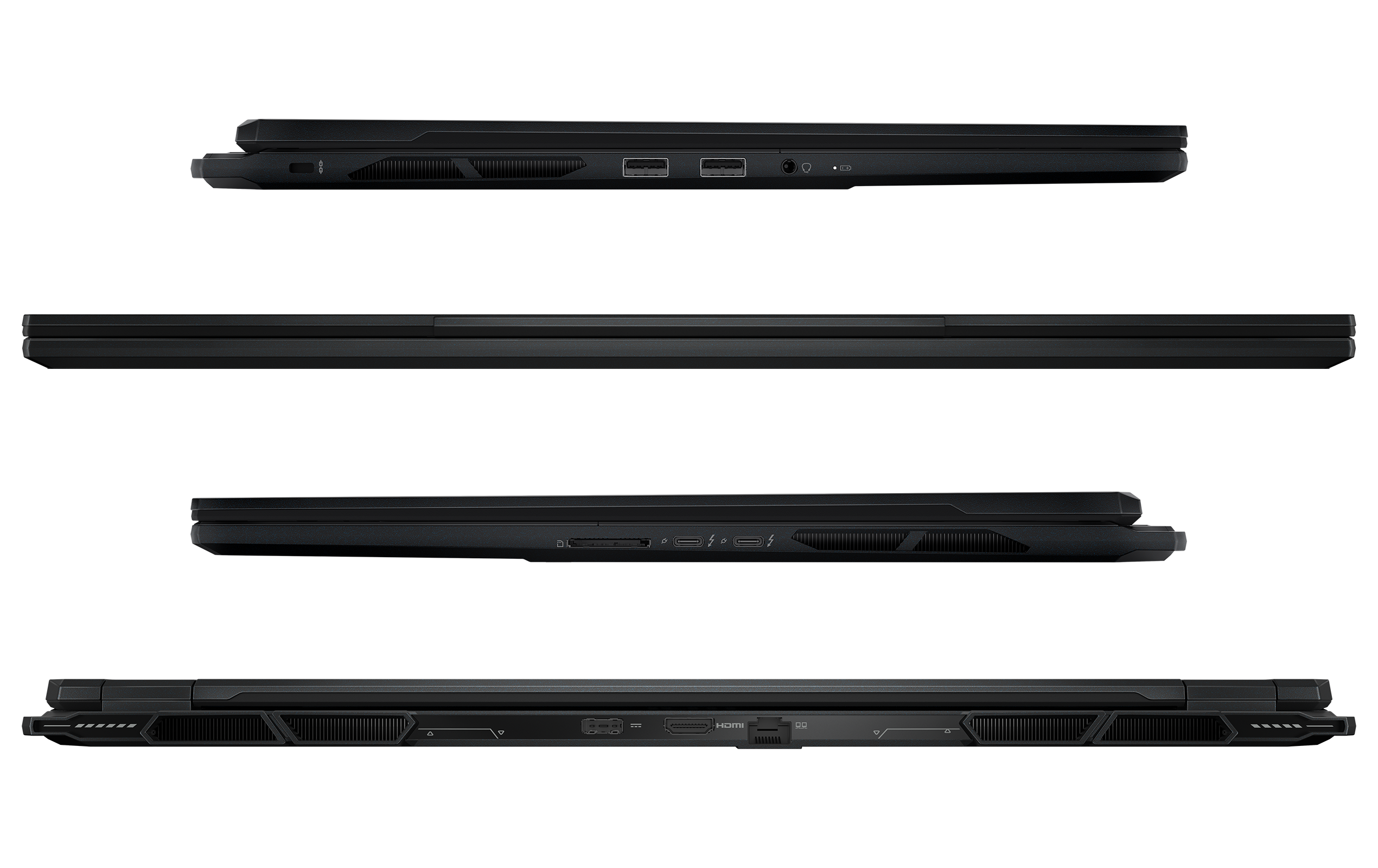 Vier Ansichten eines schwarzen Laptops. Die Ansichten zeigen die Seiten und die Oberseite.