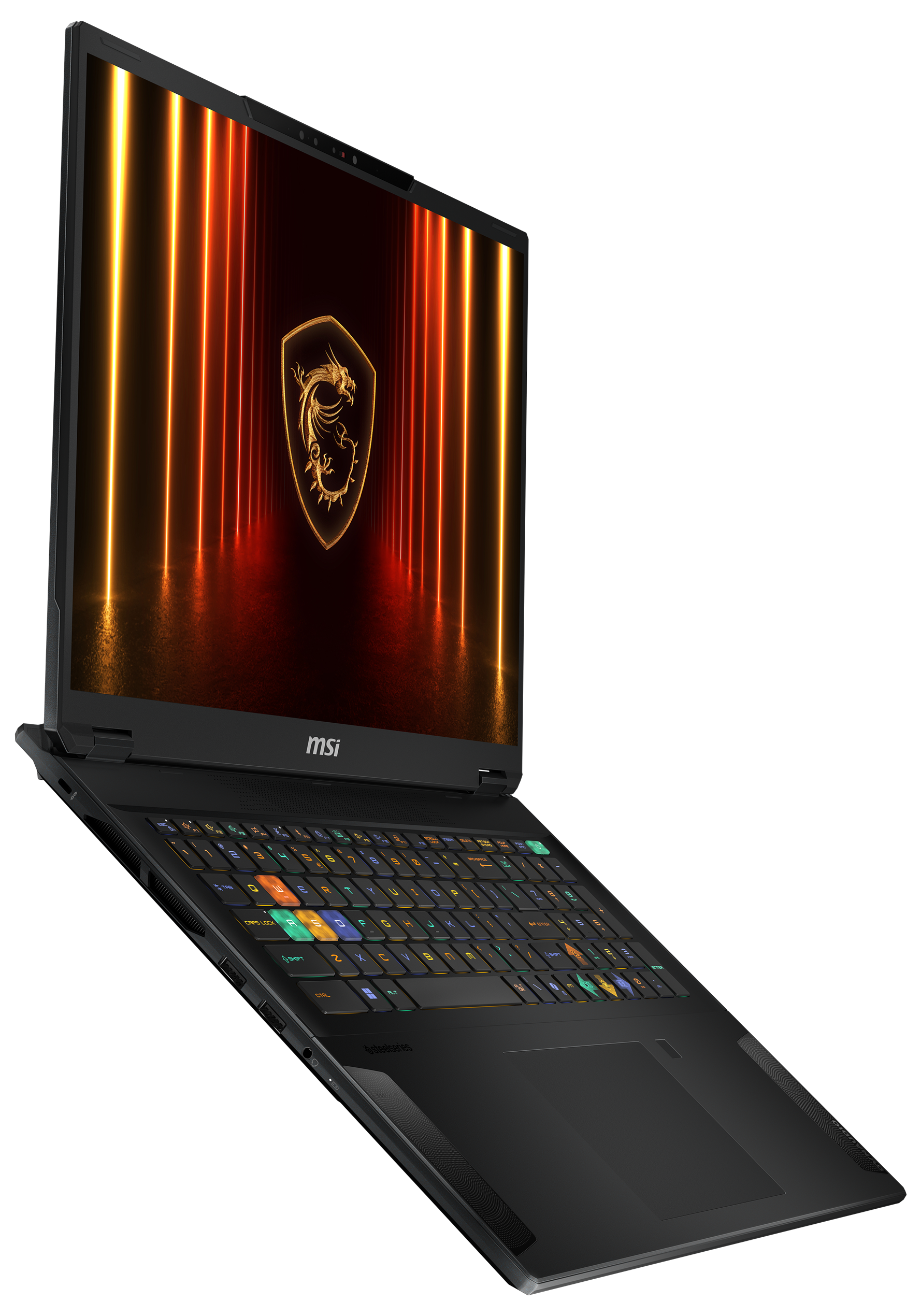 Schwarzer Laptop mit leuchtendem Bildschirm und Logo, abgewinkelt auf schwarzem Hintergrund.