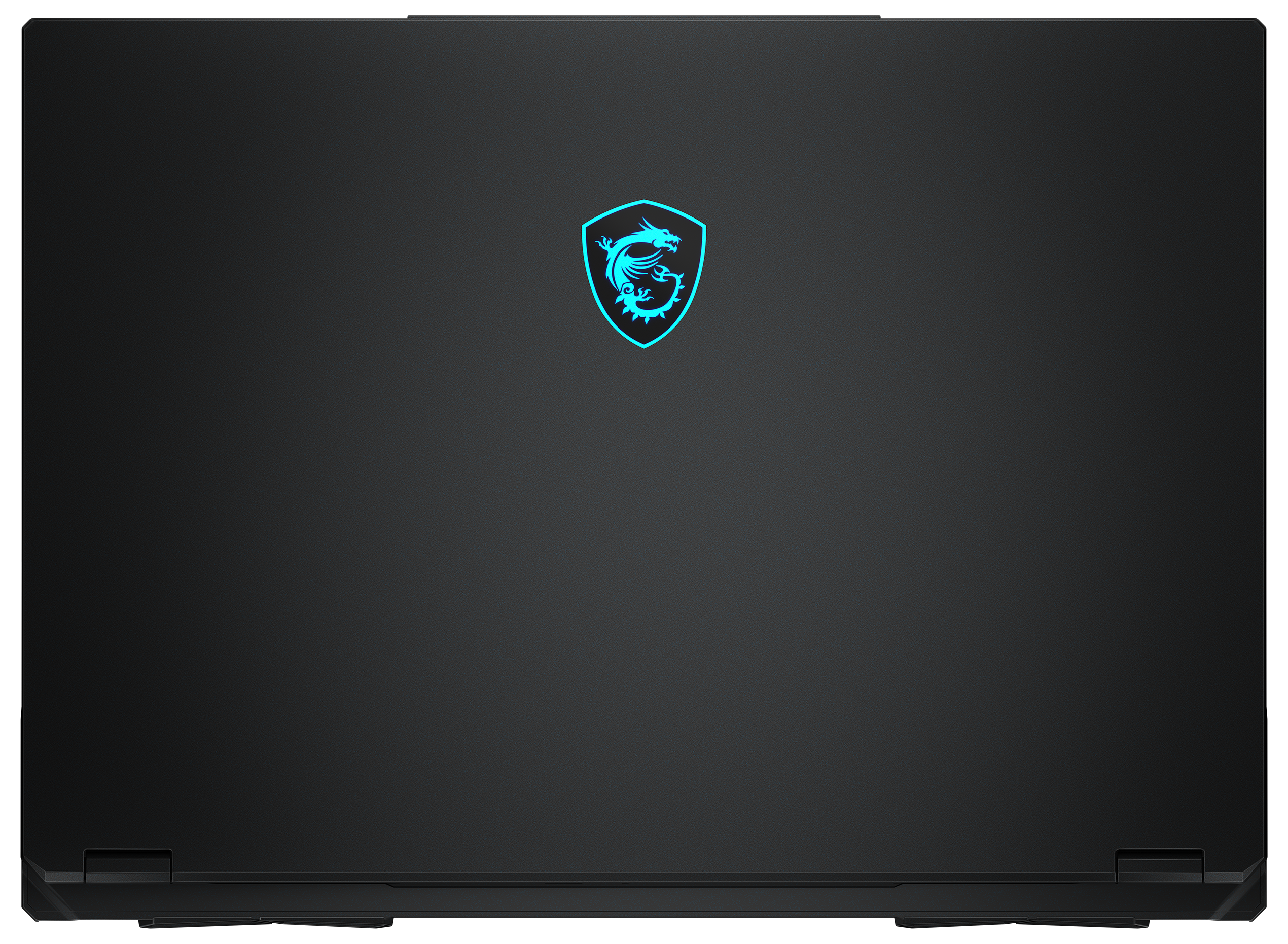 Ein schwarzer Laptop mit dem MSI-Logo, das in Türkis auf dem Deckel leuchtet.