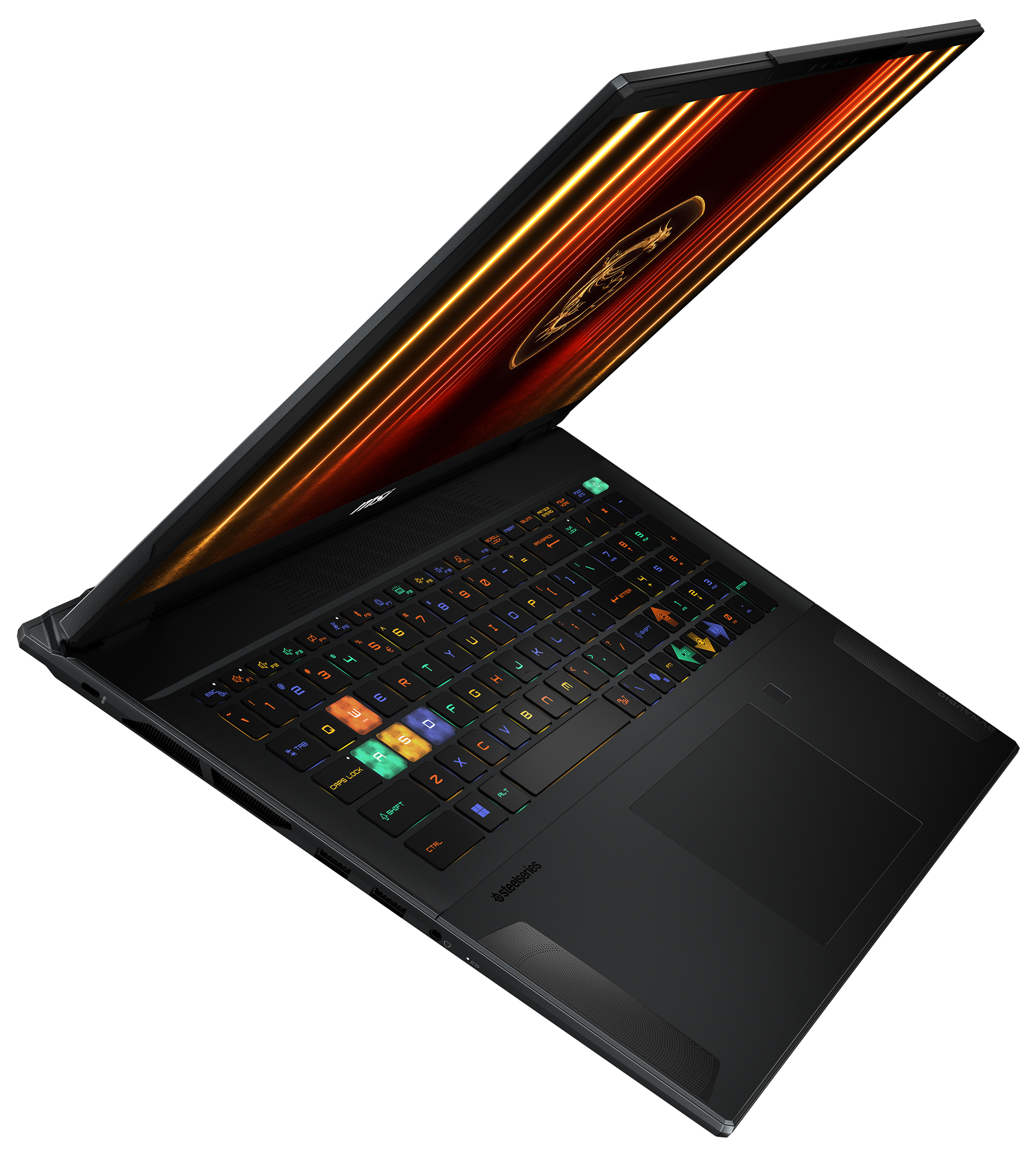 Schwarzer Gaming-Laptop mit bunter Tastatur, geöffnet auf dunklem Hintergrund.