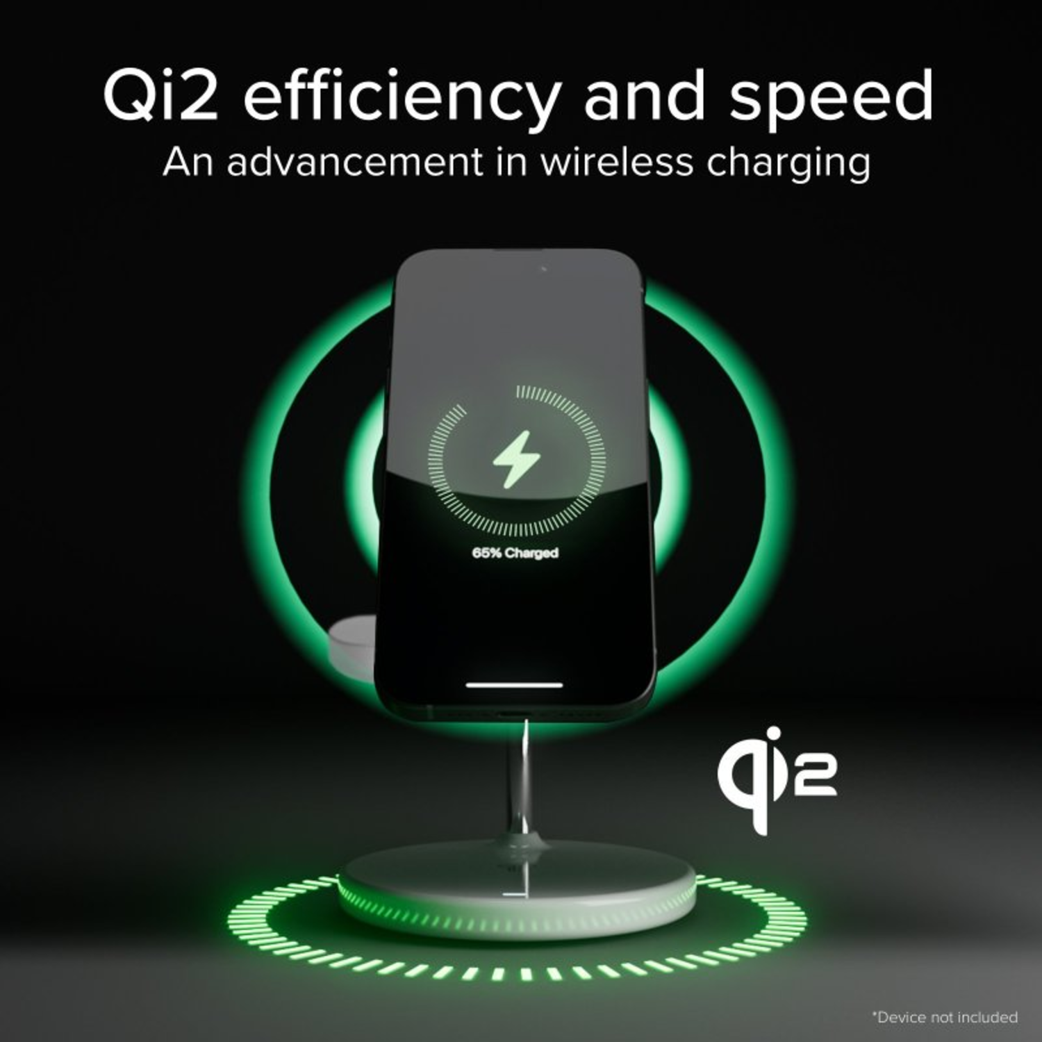 Telefoon draadloos opladen met groen licht. De telefoon toont 65% opgeladen.