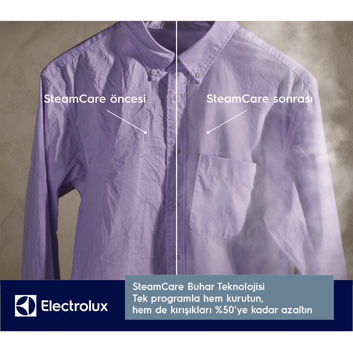 Buharlama öncesi ve sonrası gömlek, Electrolux logosu ile.