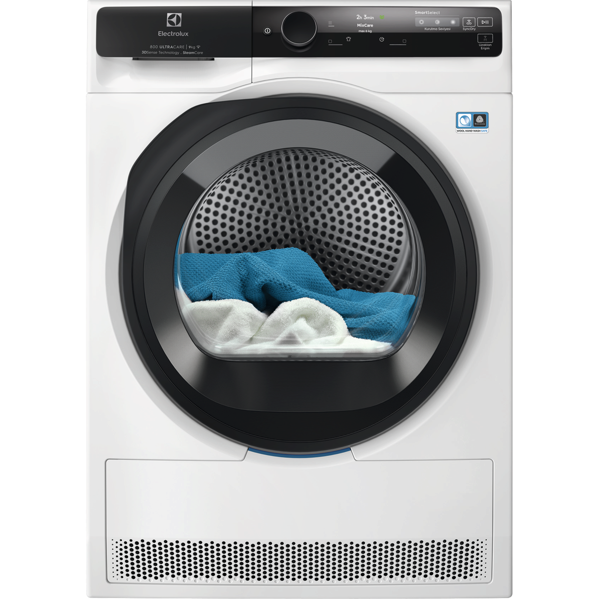 Cam kapılı beyaz Electrolux çamaşır makinesi, içinde mavi ve beyaz havlular var.