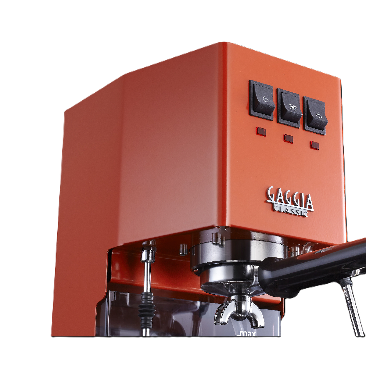 Orangefarbene Gaggia Classic Kaffeemaschine mit drei schwarzen Schaltern.