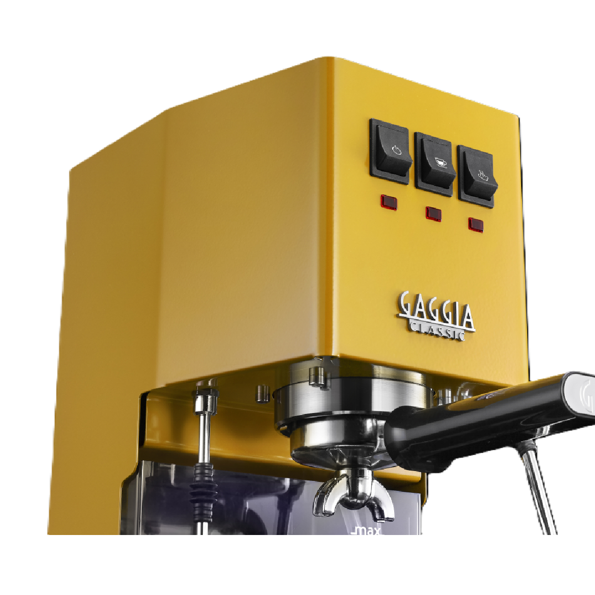 Gelbe Espressomaschine. Schwarzer Griff, Schalter und Knöpfe. Gaggia Classic Logo. Nahaufnahme.