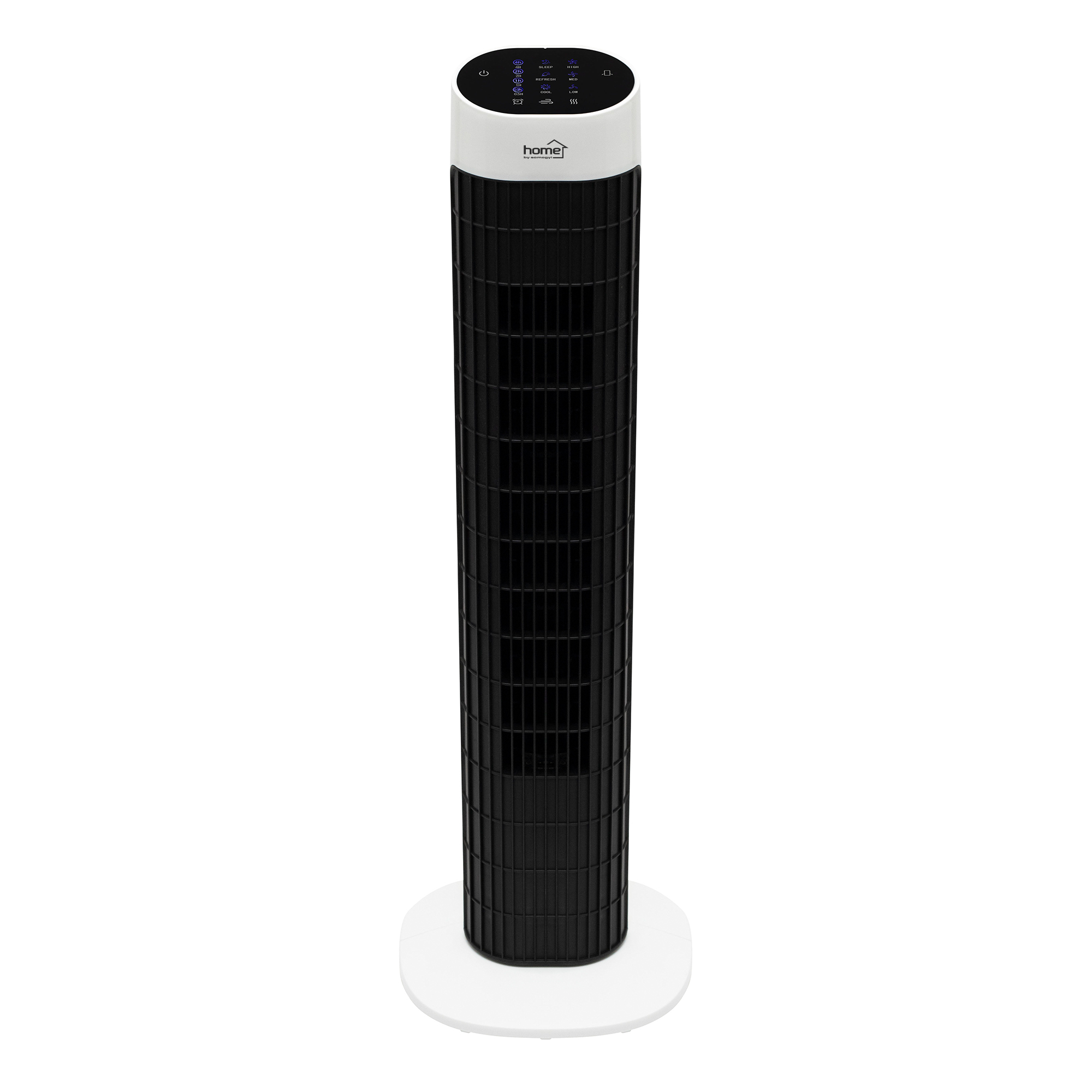 Egy fekete-fehér toronyventilátor fehér alapon. A tetején digitális kijelző található.