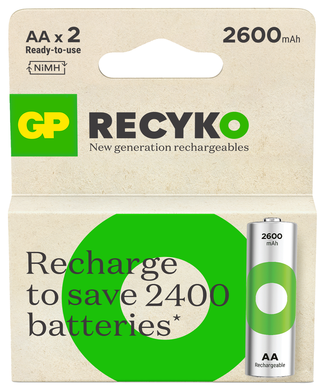 Bir paket AA pil. 'GP RECYKO' yazıyor. 2400 pil tasarrufu yapmak için şarj edin.