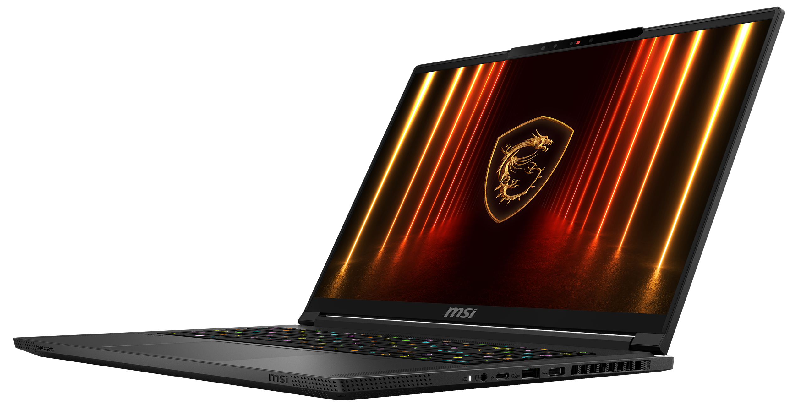 Schwarzer MSI-Laptop mit bunter Tastatur, beleuchtetem Display und Drachenlogo.