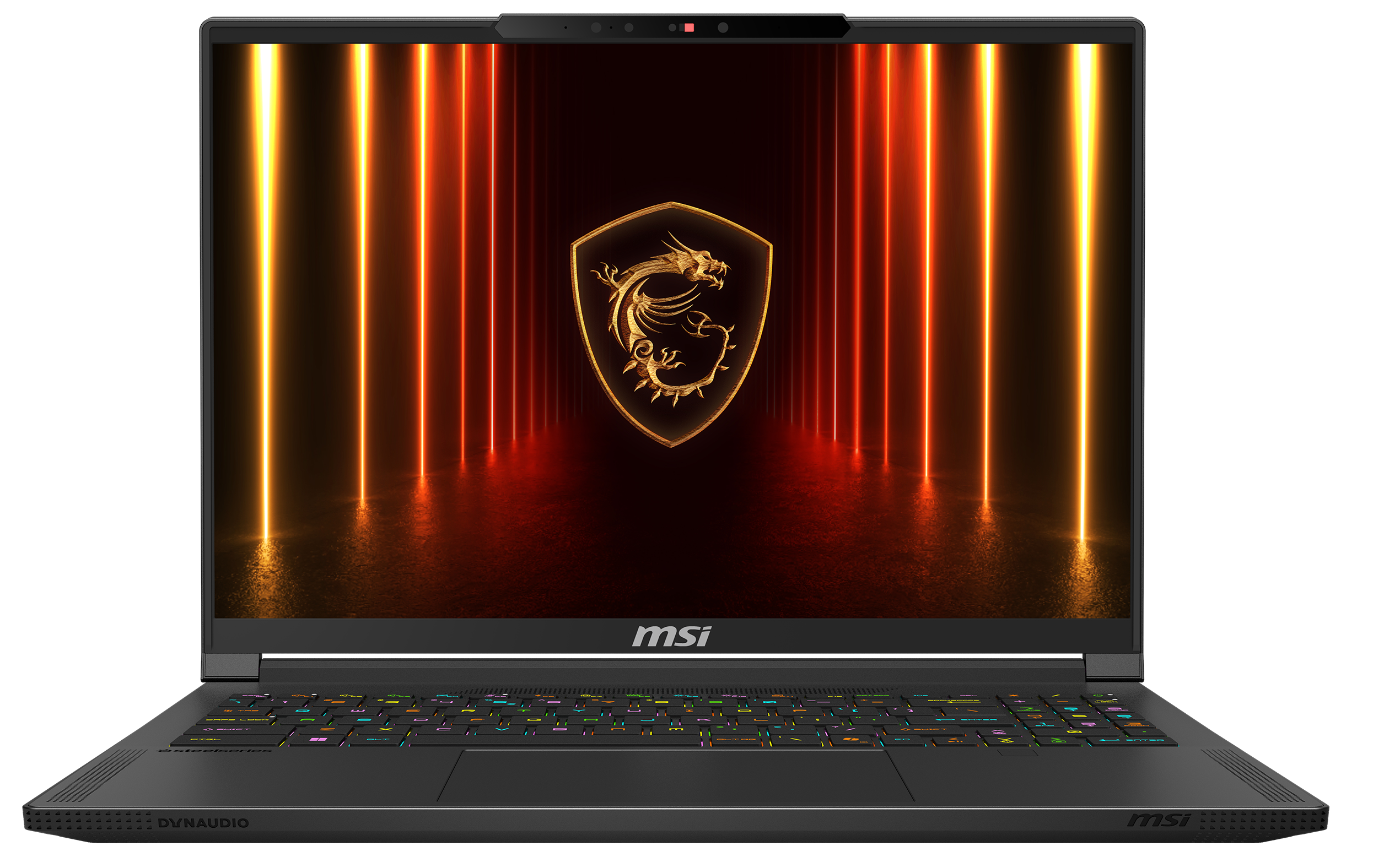 Laptop-Bildschirm zeigt MSI-Logo in Gold. Rote und orangefarbene Lichter an der Seite.