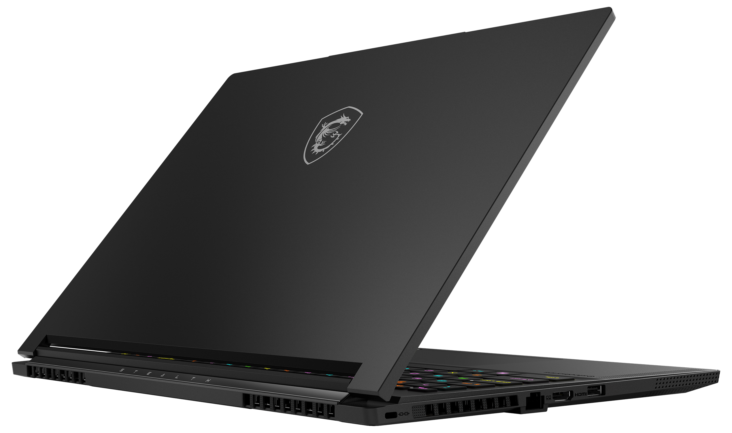 Schwarzer Laptop mit geöffnetem Deckel, angewinkelte Ansicht. Silbernes Logo auf dem Deckel.