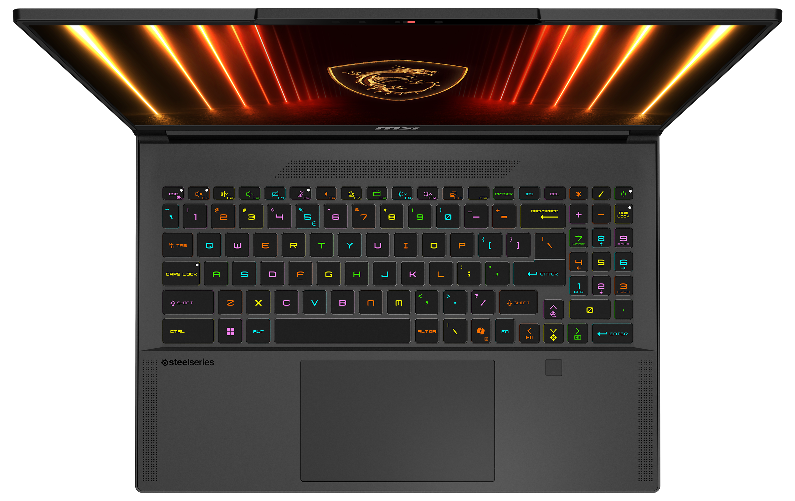 Draufsicht auf einen schwarzen MSI-Laptop mit bunter Tastatur und Trackpad.