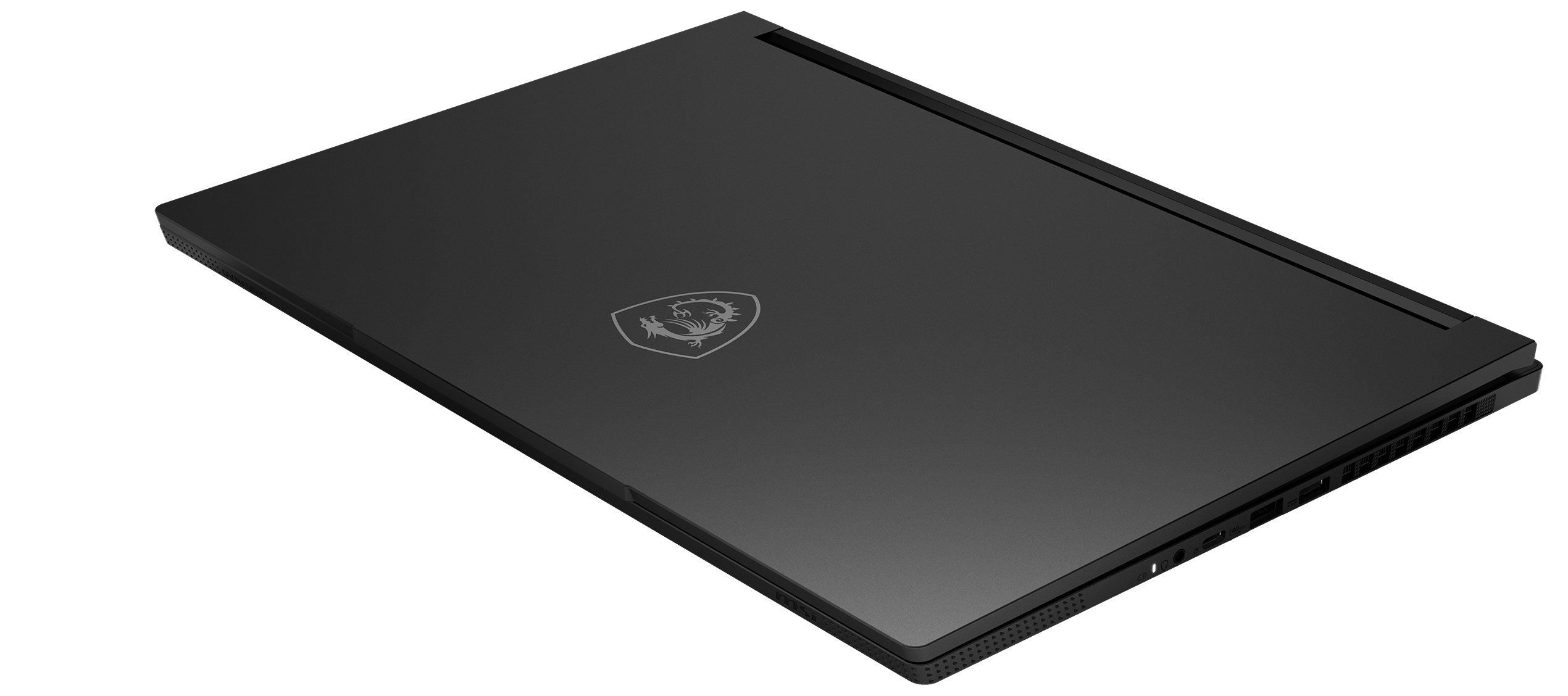 Ein geschlossener, schwarzer Laptop mit dem MSI-Logo in der Mitte. Der Laptop steht auf schwarzem Untergrund.