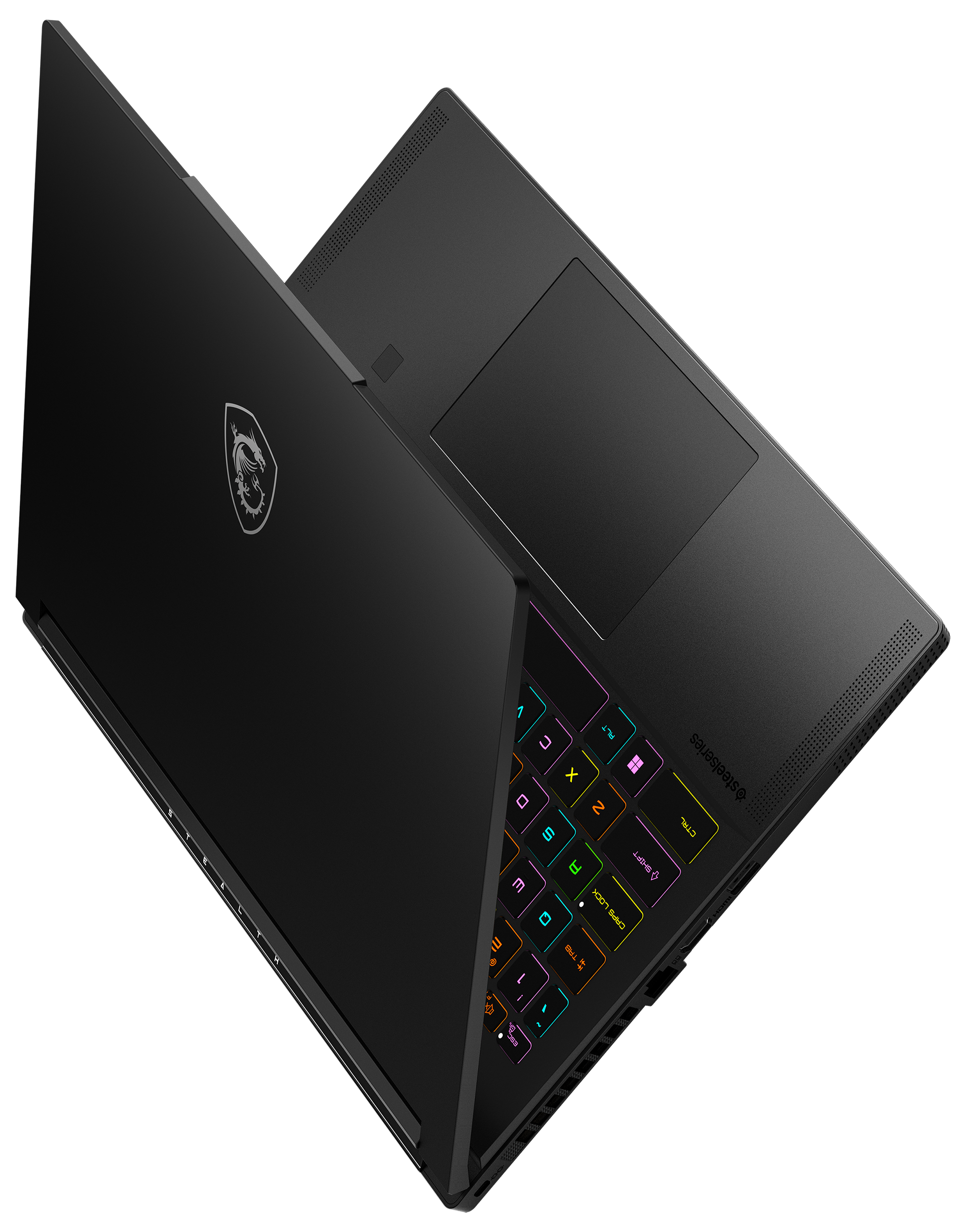 Schwarzer Laptop mit offenem Bildschirm, Tastatur mit bunten Tasten beleuchtet.