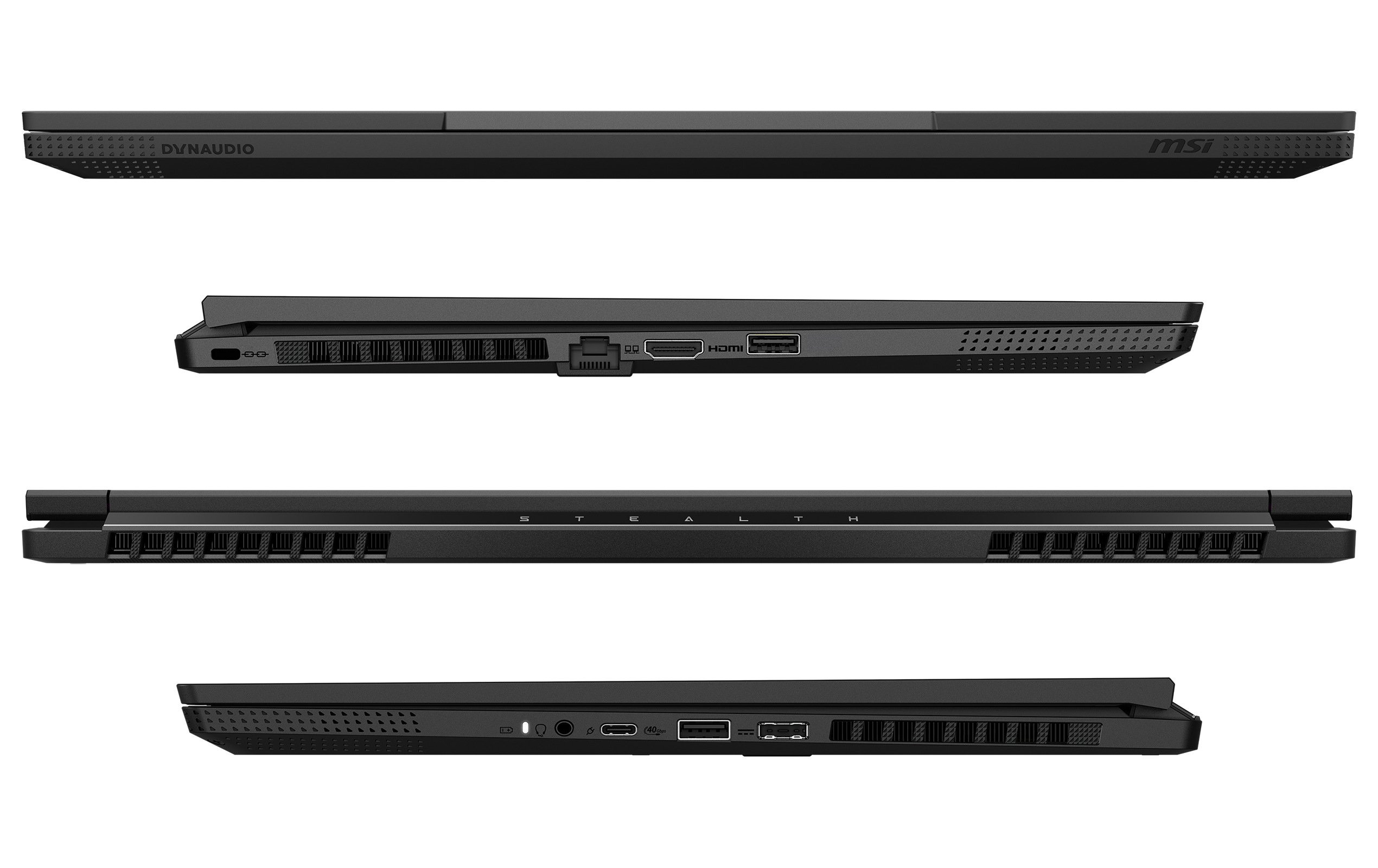 Verschiedene Ansichten eines schwarzen Laptops, die Anschlüsse, Seitenansicht und Oberseite zeigen.