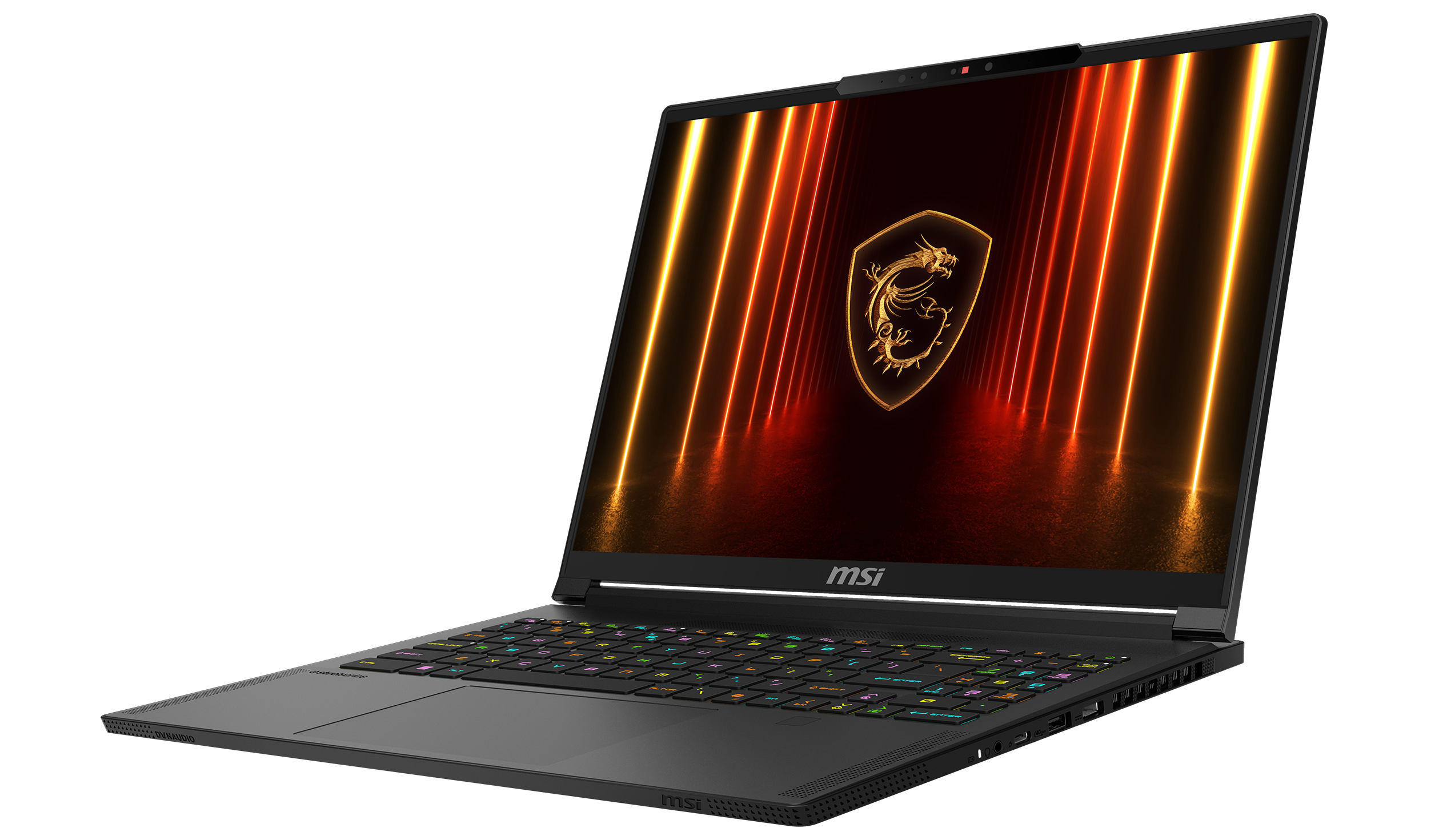 Schwarzer MSI-Laptop mit bunter Tastatur und orange/roten Lichtern.
