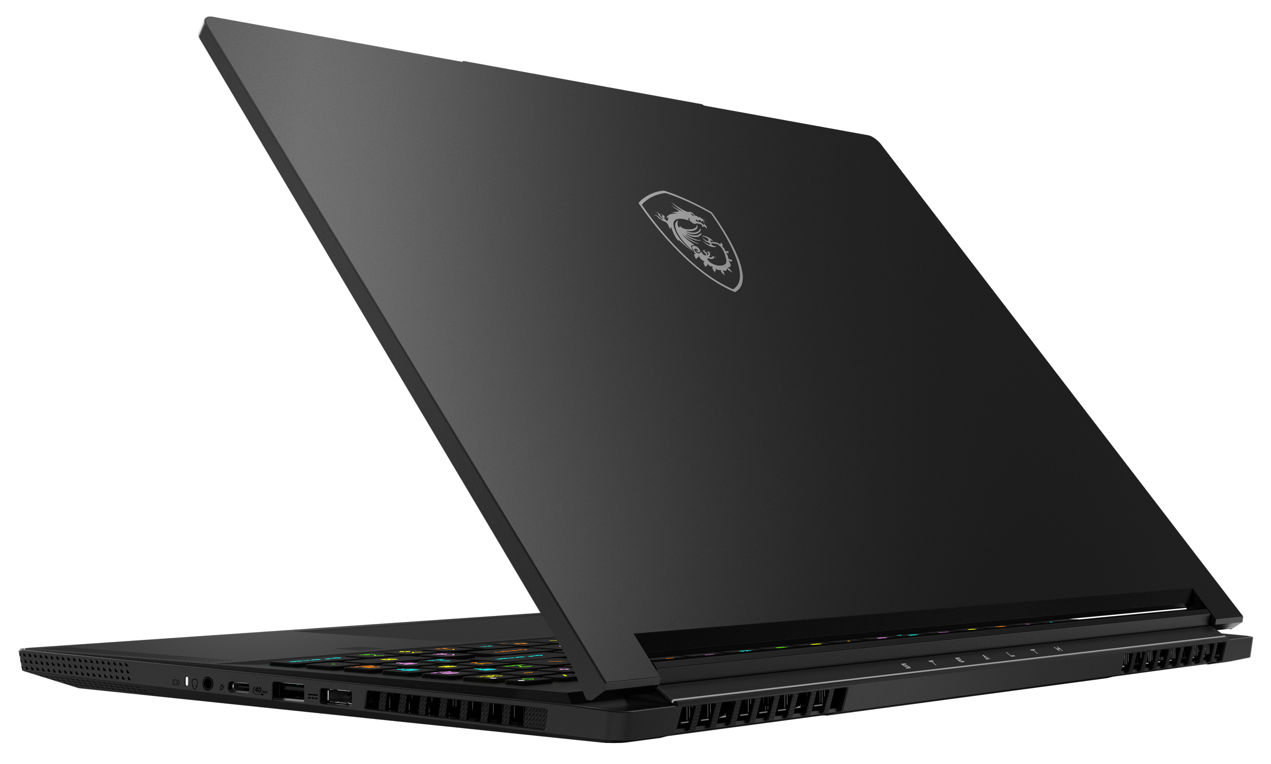 Schwarzer Laptop mit geöffnetem Bildschirm, Logo sichtbar, dunkler Hintergrund.