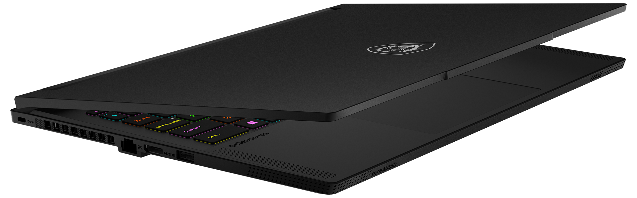 Schwarzer Laptop leicht geöffnet, Tastatur und MSI-Logo oben zeigend.