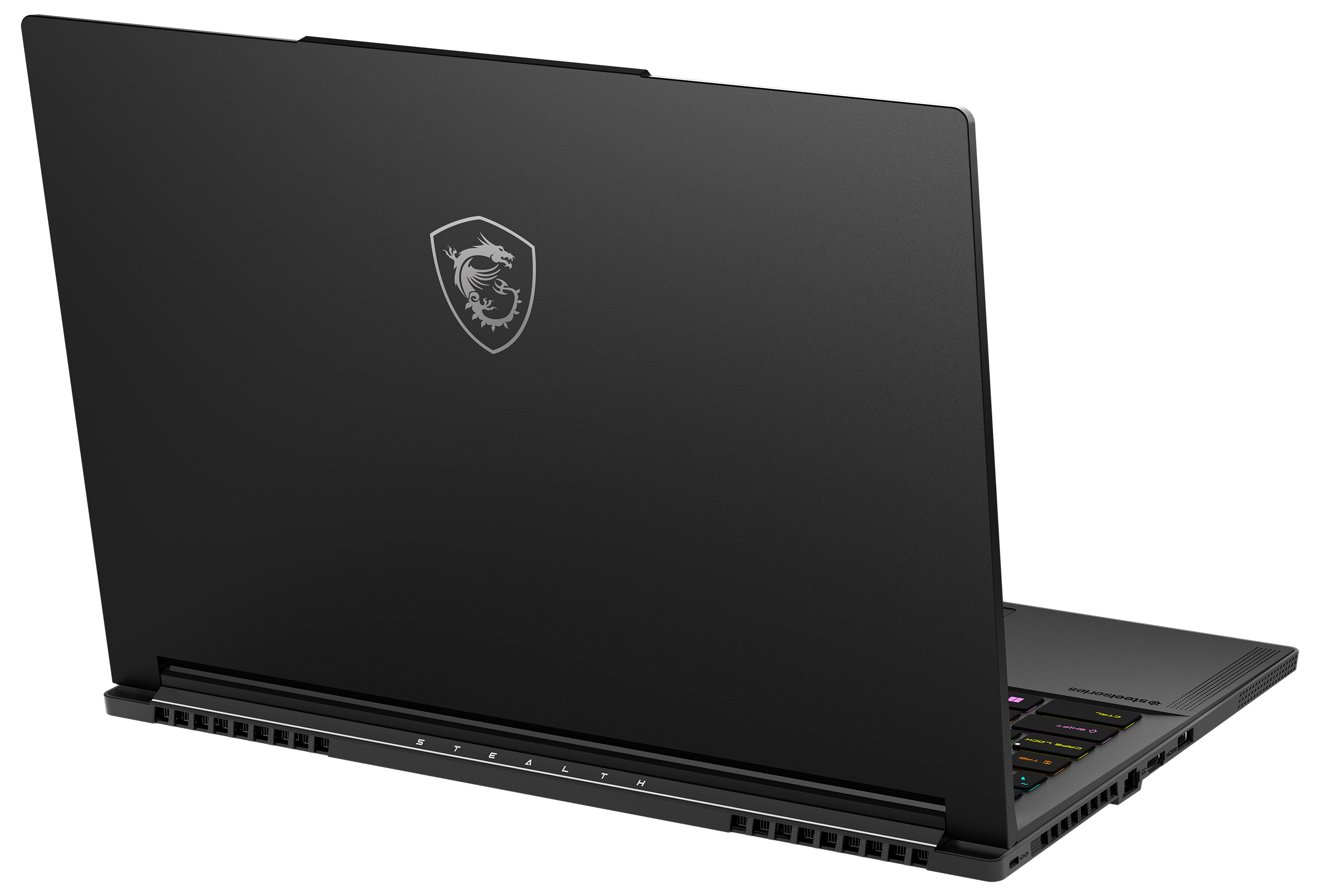 Schwarzer Laptop, Rückansicht, mit MSI-Logo. Die Rückseite ist schwarz. Ein Teil der Tastatur ist mit bunten Lichtern sichtbar.