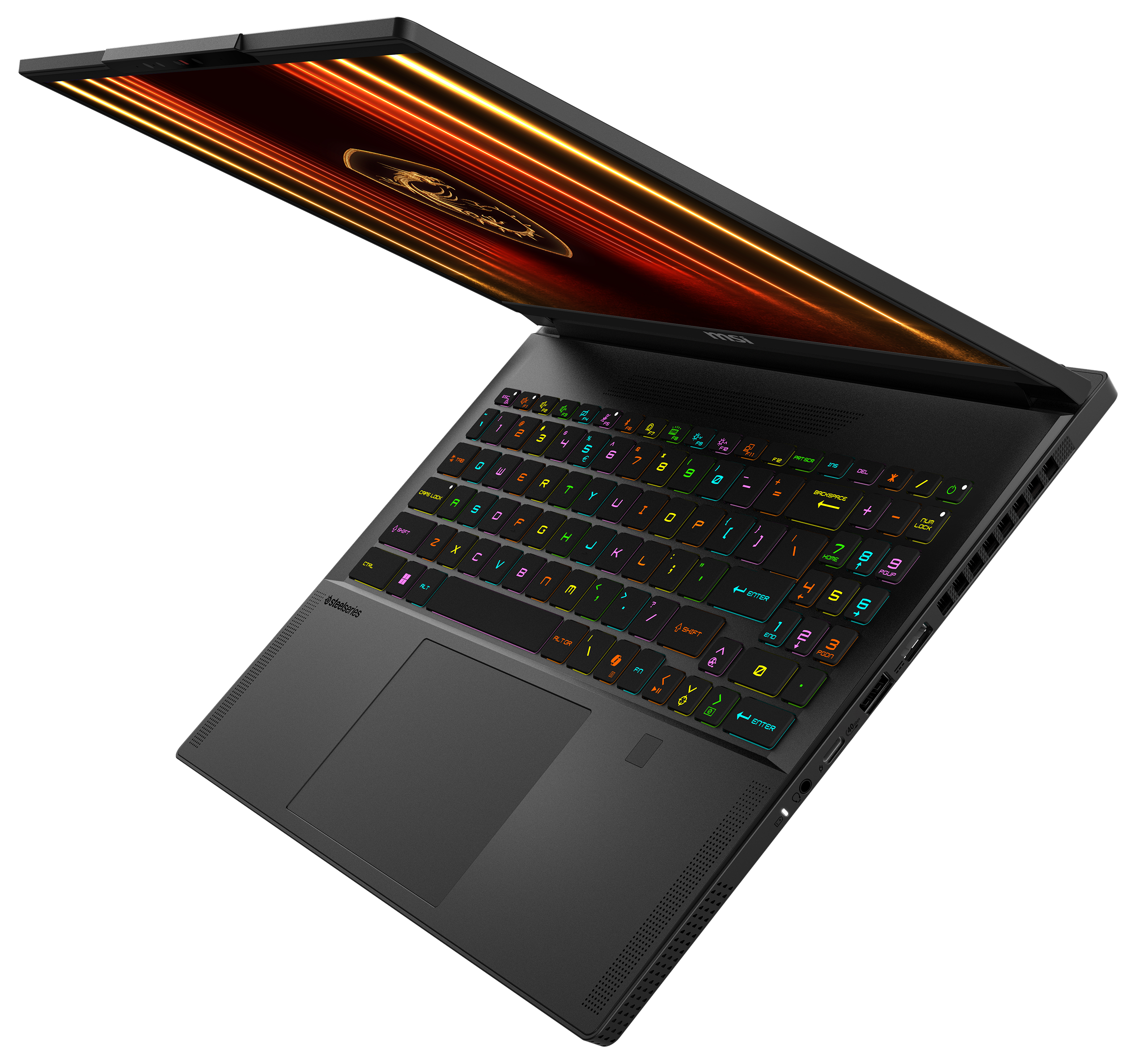 Schwarzer Laptop mit geöffnetem Display. Tastatur und Trackpad sind sichtbar. Der Bildschirm zeigt Logo.