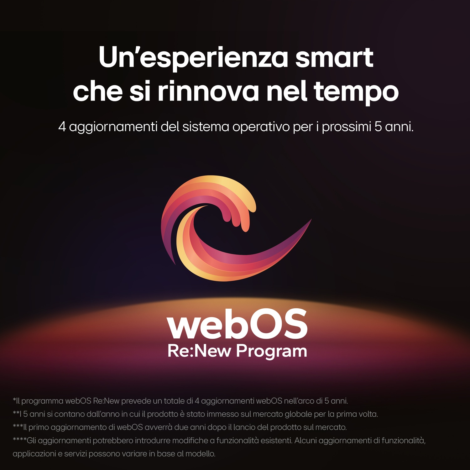Un'immagine promozionale con testo in italiano su webOS, con un logo stilizzato.
