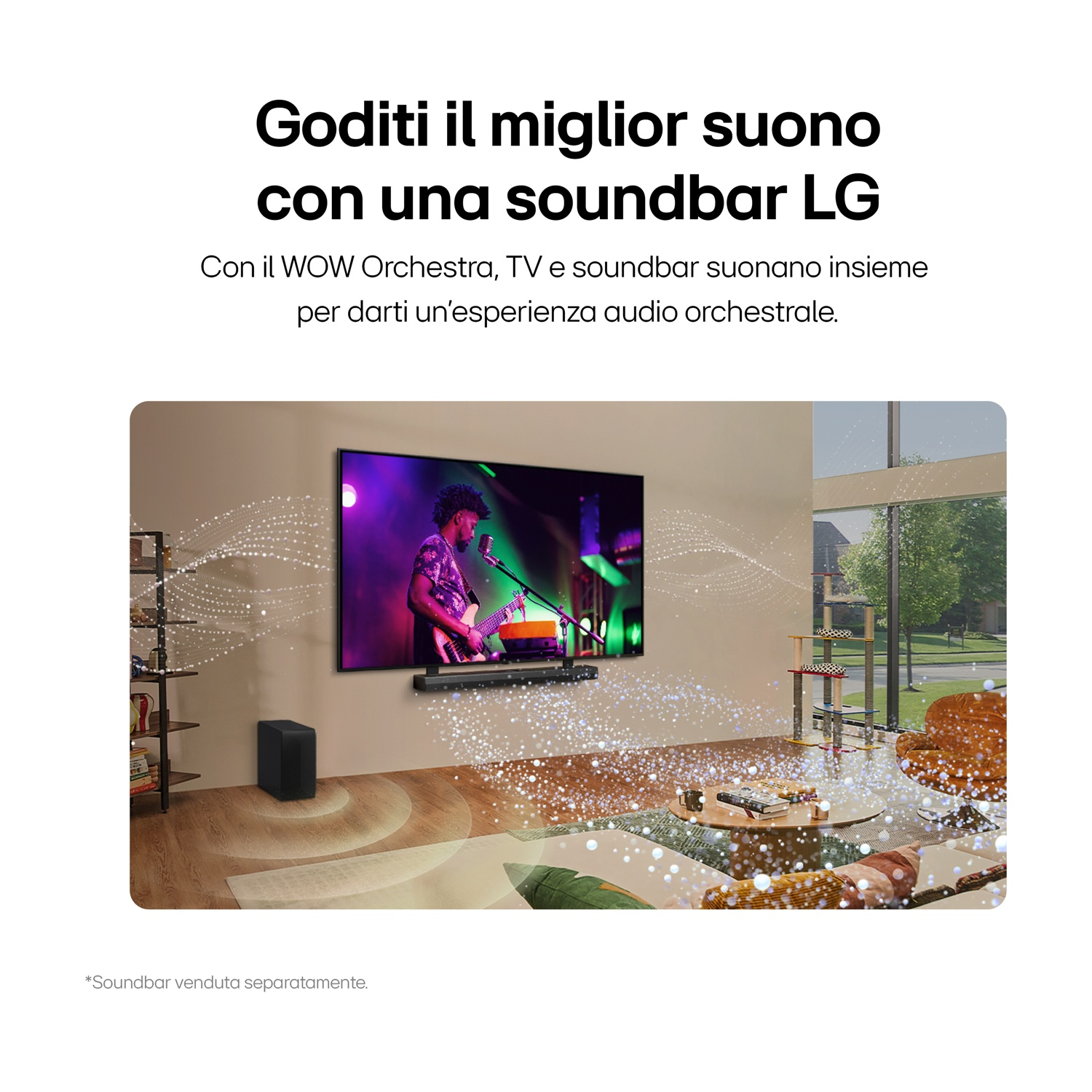 Immagine mostra TV con soundbar sotto. Altoparlanti emettono onde sonore. Testo: 'Goditi il miglior suono'.