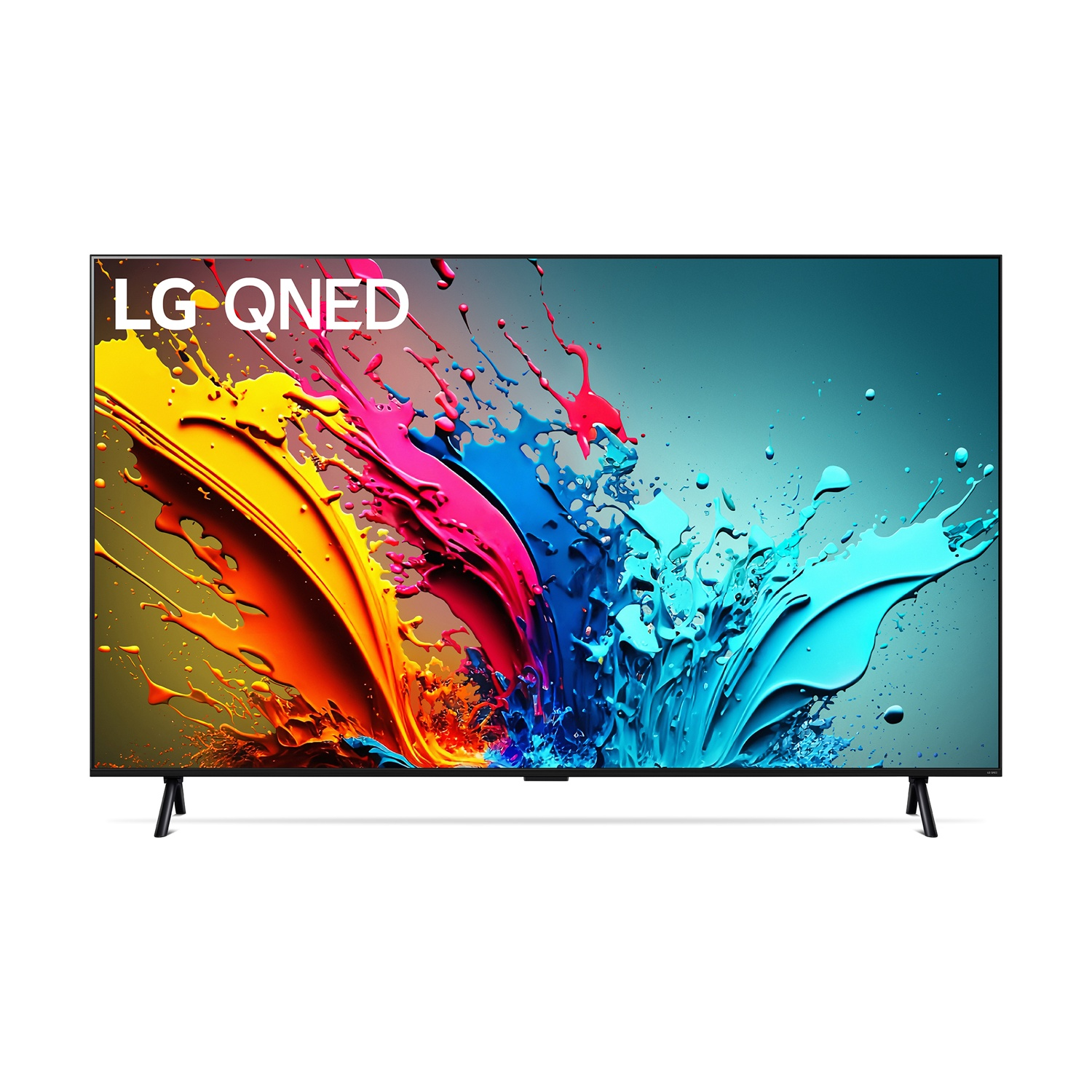 TV LG QNED. Spruzzi di vernice colorati sullo schermo. Gambe nere. Sfondo bianco.