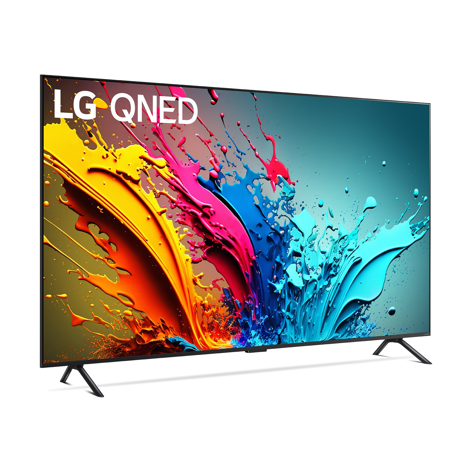 TV LG QNED con spruzzi colorati. Cornice nera, gambe nere. Sfondo bianco.
