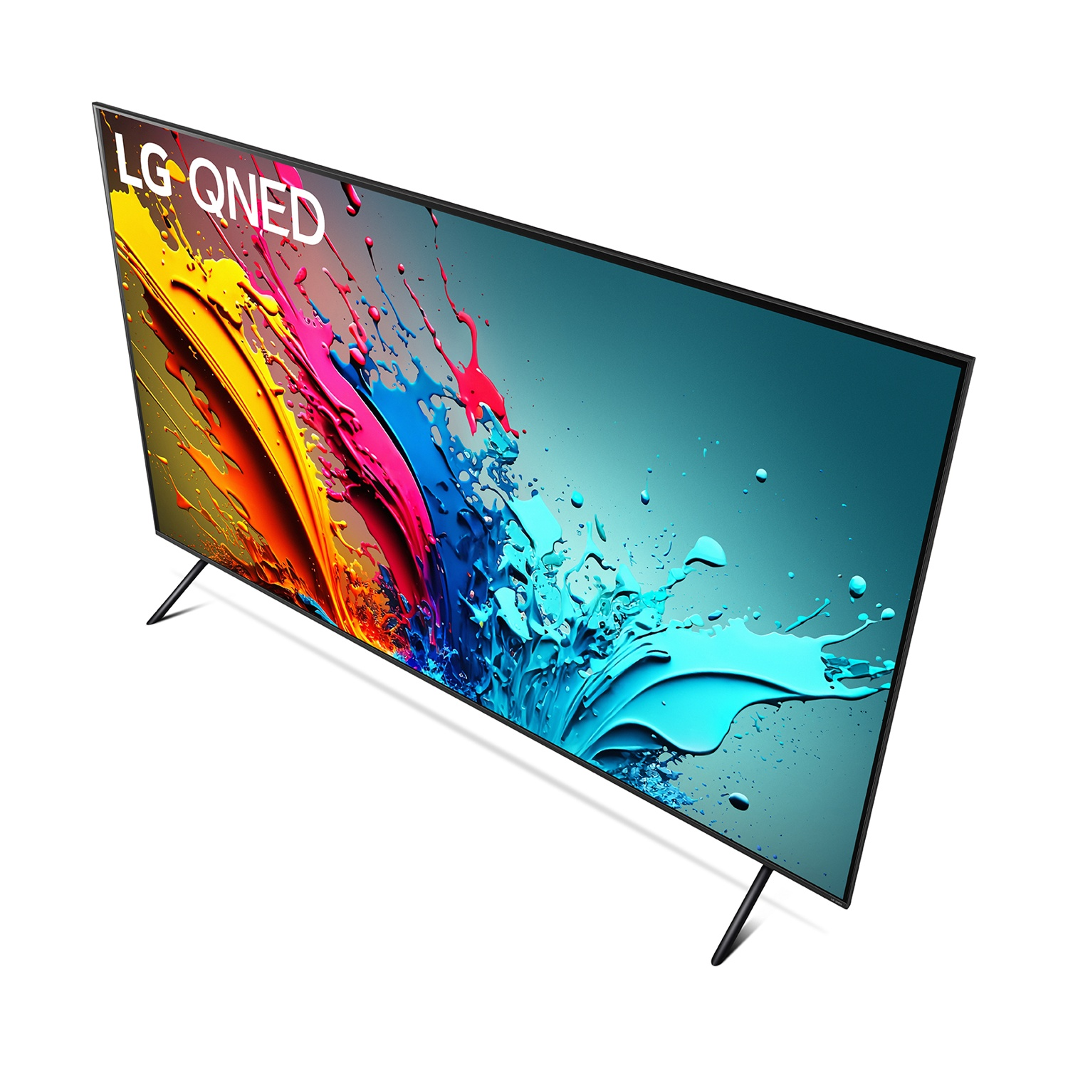 Grande TV LG QNED, vista angolata. Lo schermo mostra un'opera d'arte astratta e colorata. Cornice nera con supporto nero.