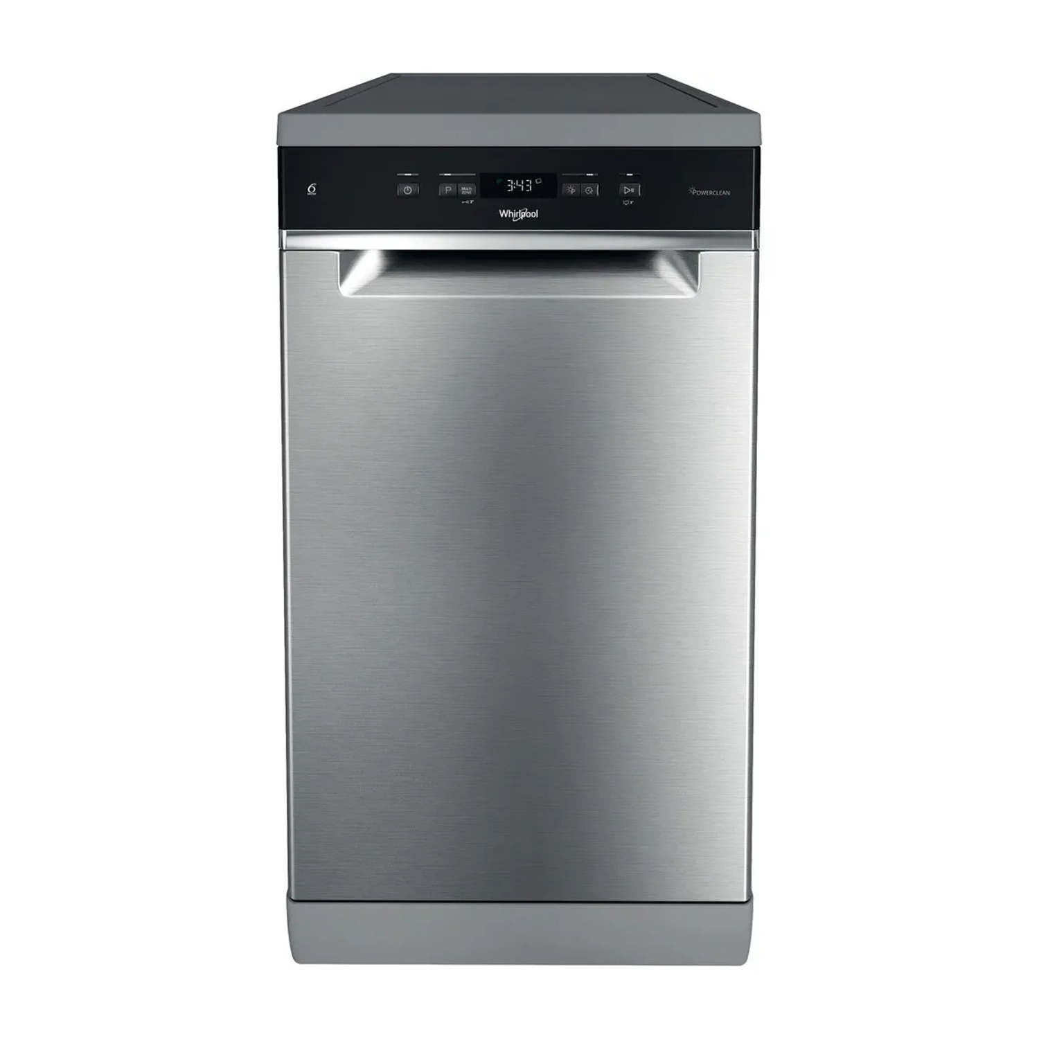 Una lavastoviglie Whirlpool in acciaio inox, vista frontale. C'è un display digitale con l'ora.