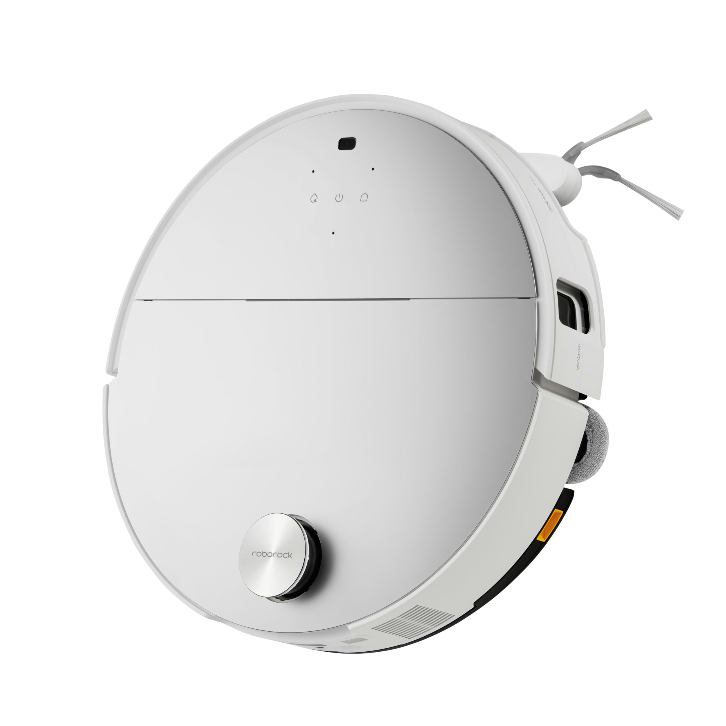 Weißer Roboter-Staubsauger mit runder Form. Er hat einen silbernen Knopf und zwei Seitenbürsten.