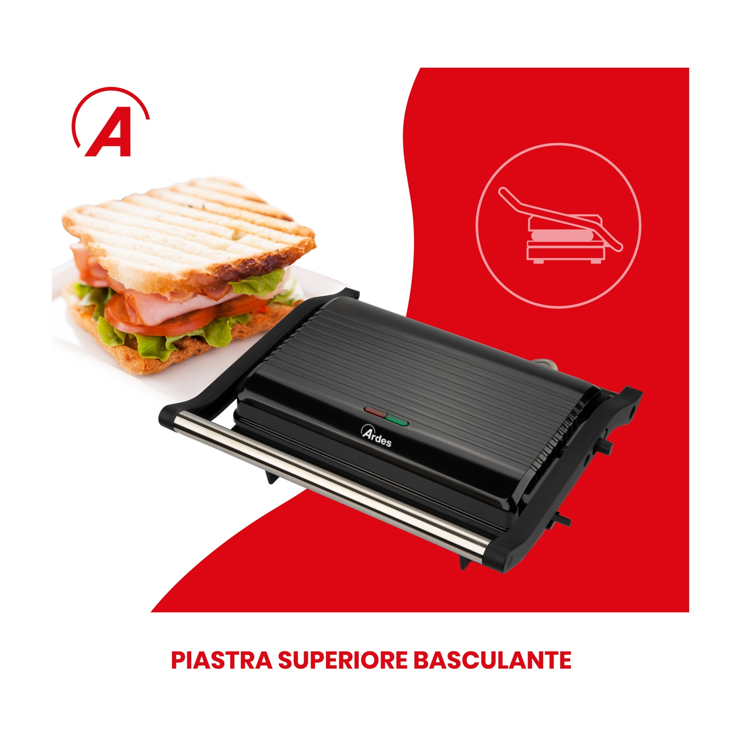 Una macchina per sandwich con un sandwich, un elettrodomestico nero con luci rosse e verdi. Sfondo rosso.