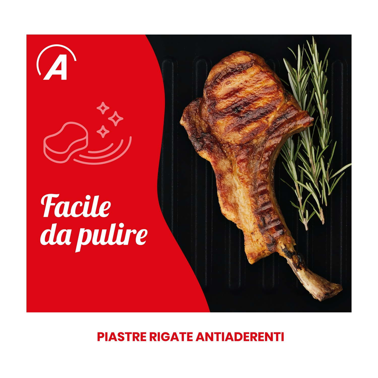 Costoletta alla griglia su una griglia nera, con rametti di rosmarino. Grafica rossa con testo 'Facile da pulire'.