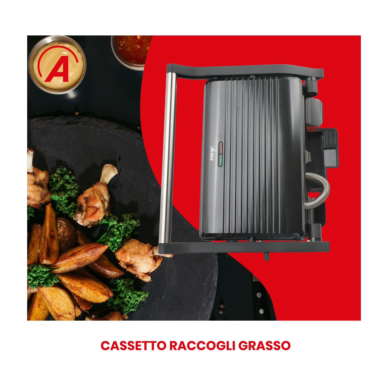 Griglia nera con cibo e sfondo rosso. Testo in italiano.