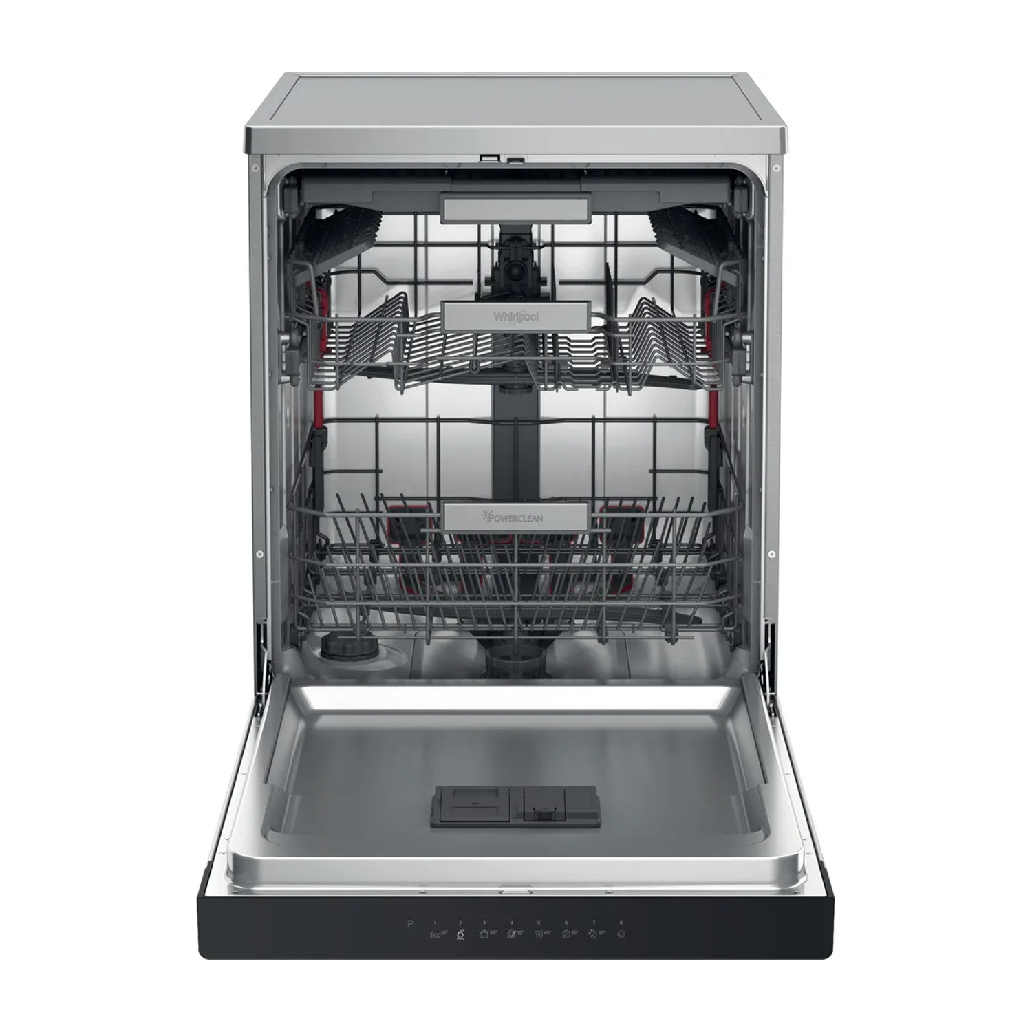 Una lavastoviglie aperta. Interno vuoto in acciaio inox. Esterno argentato, comandi in basso.