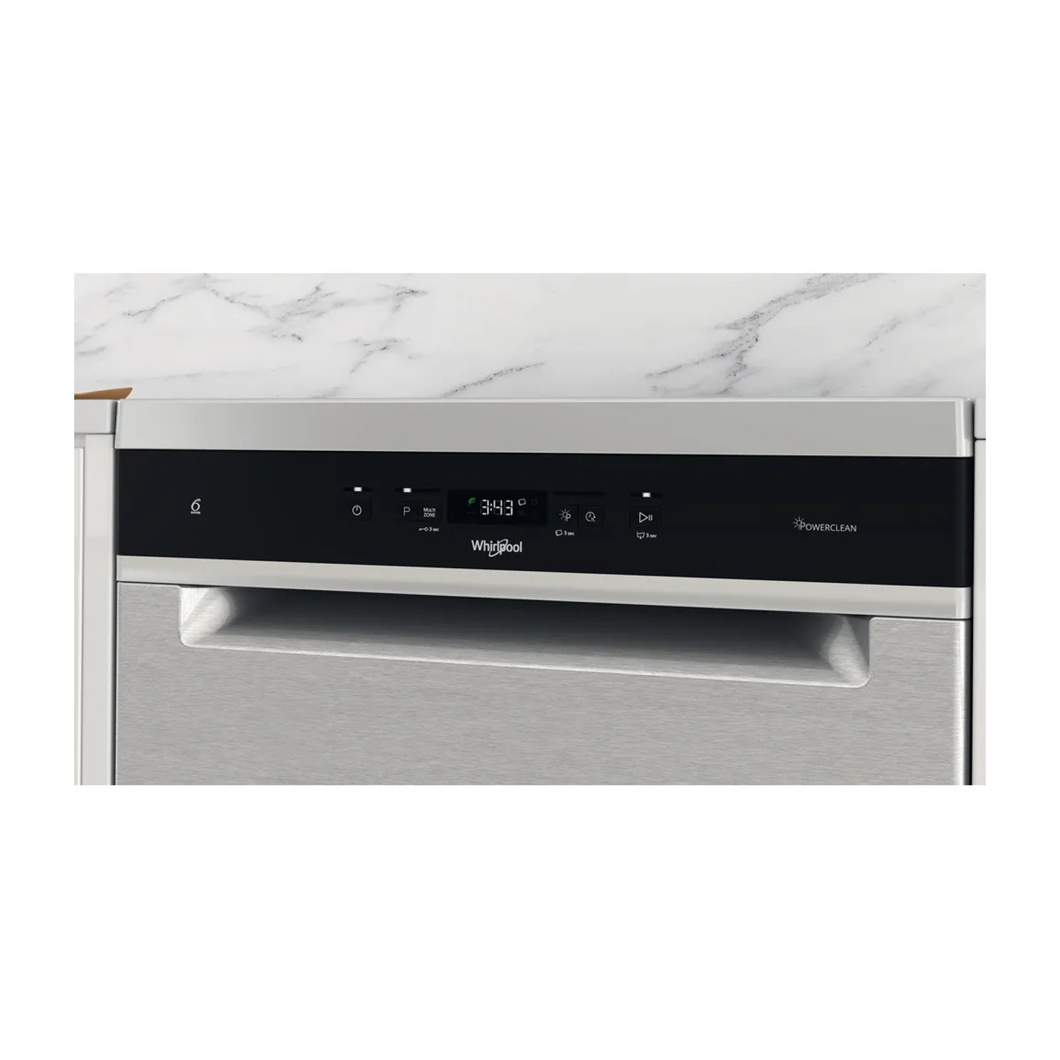 Una lavastoviglie in acciaio inossidabile con un pannello di controllo in alto. Il pannello mostra il logo Whirlpool e un display.