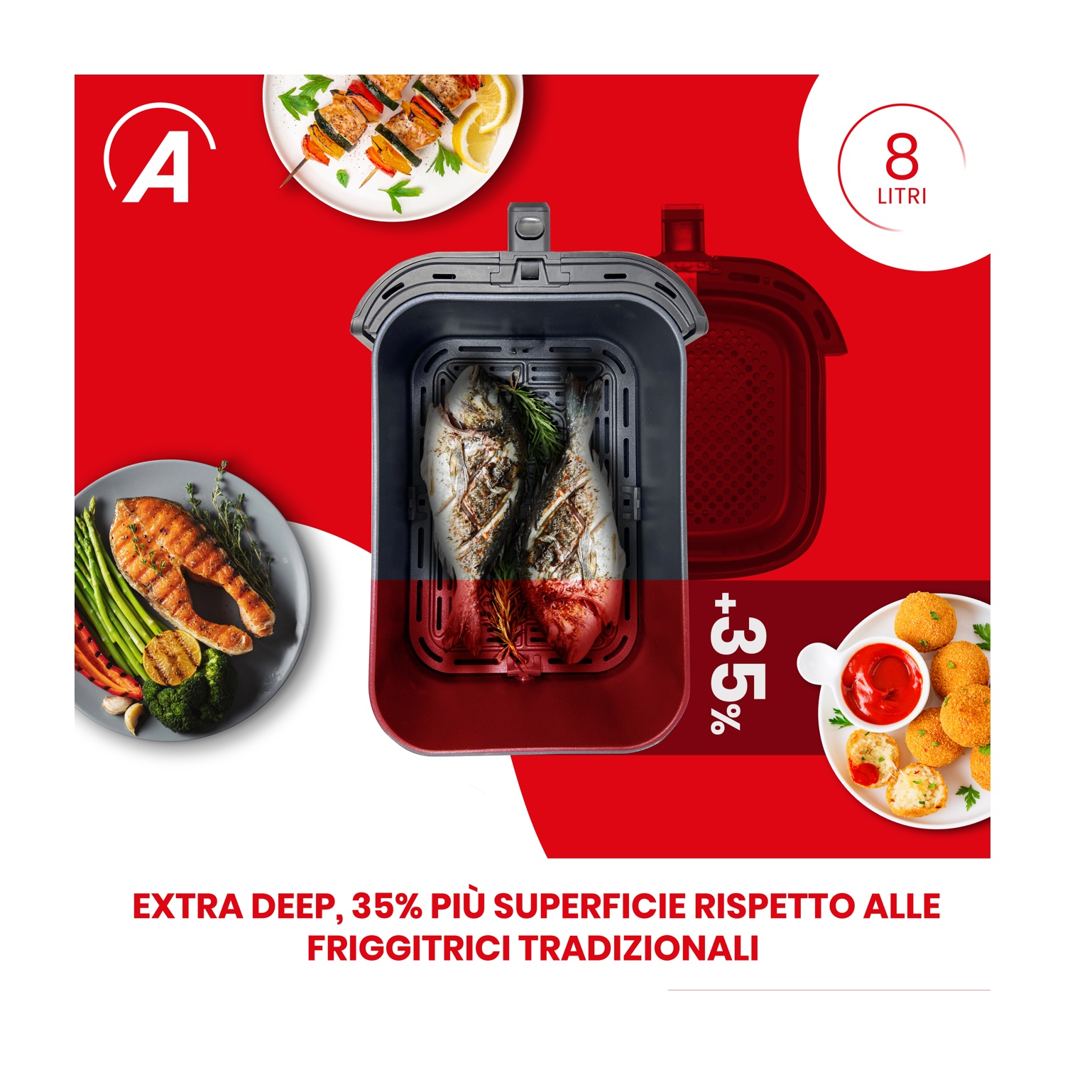 Friggitrice ad aria con cibo all'interno, che mostra il 35% di superficie in più, su sfondo rosso.