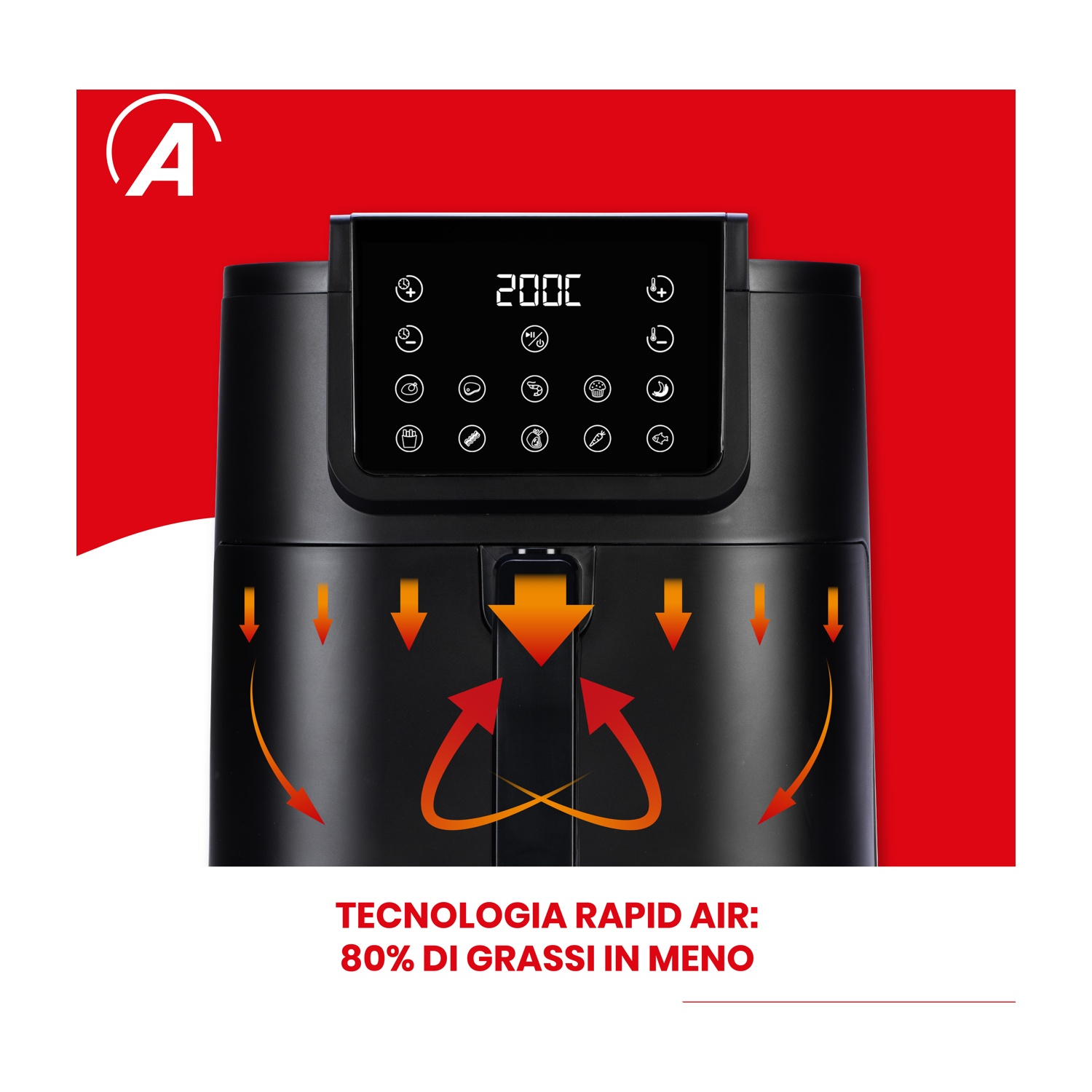 Friggitrice ad aria nera con display digitale e frecce arancioni.