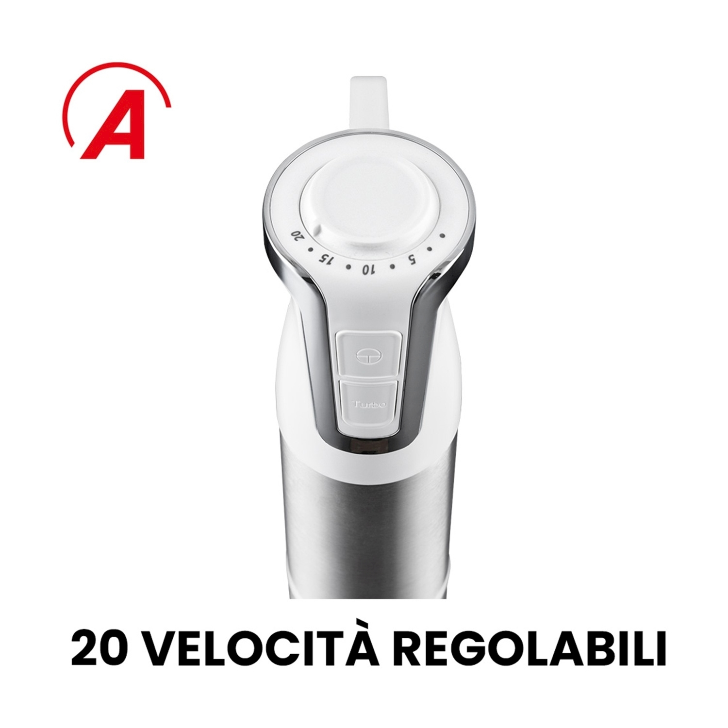 Primo piano di un frullatore a immersione bianco e argento. 20 velocità, pulsante 'Turbo'.