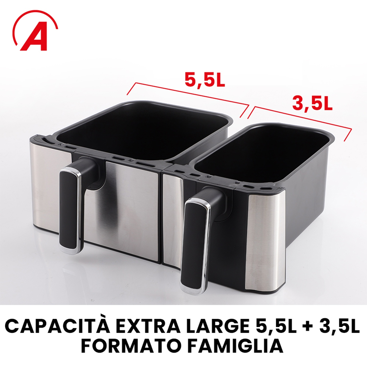 Friggitrice ad aria a due scomparti con manici argentati, etichettata con capacità extra large.
