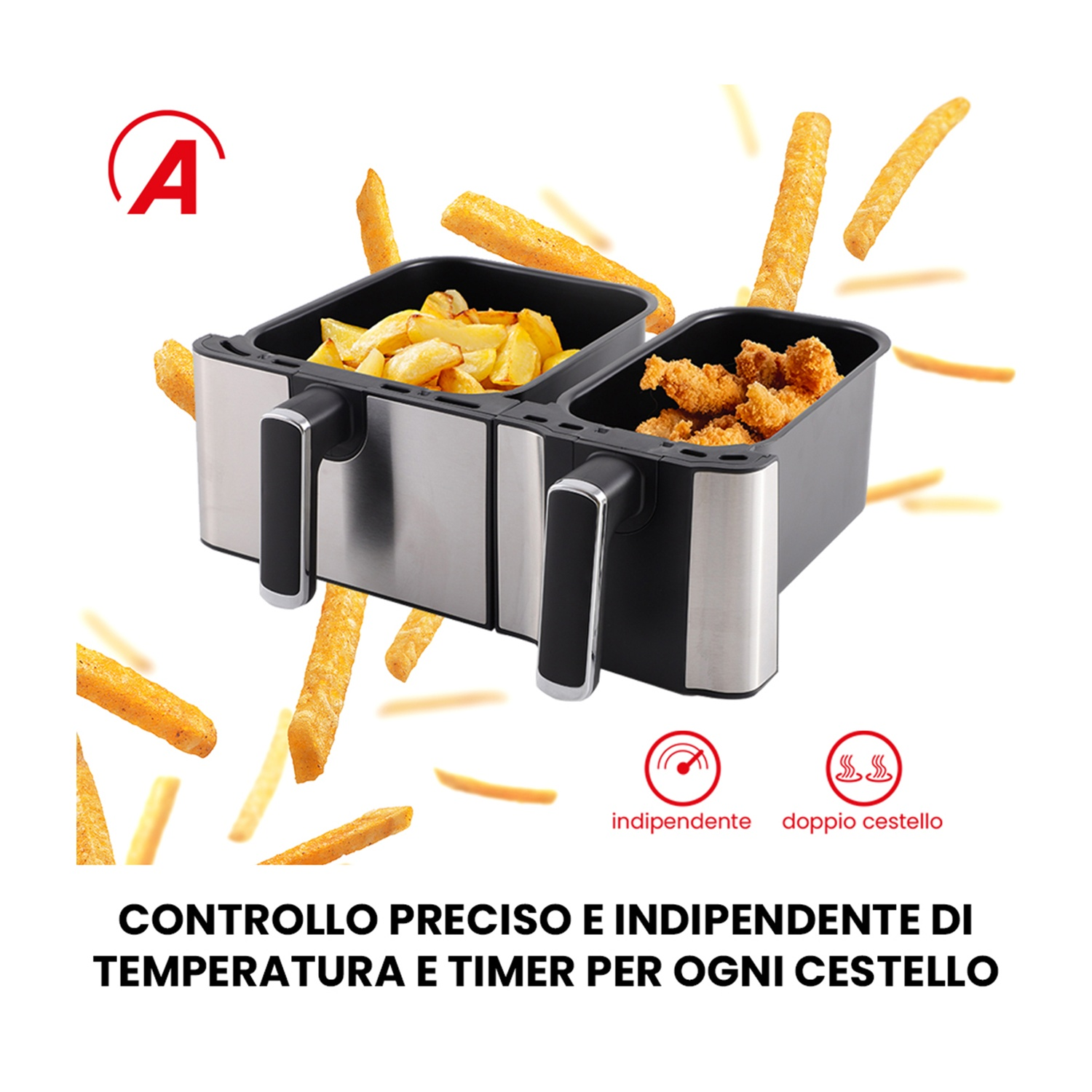 Friggitrice ad aria a doppio cestello con patatine fritte e pollo. Design in acciaio inox e nero con testo.
