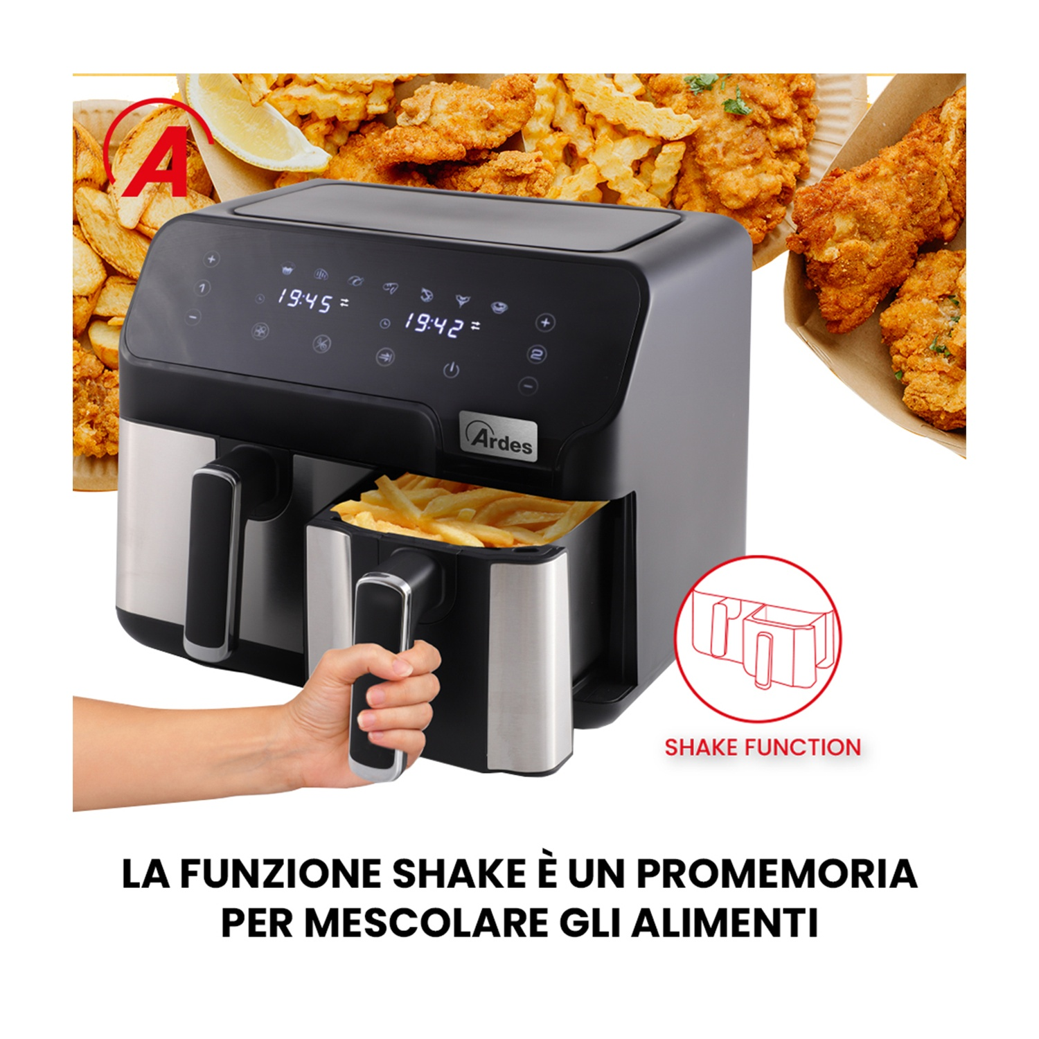 Friggitrice ad aria a due scomparti con patatine fritte e una mano. Testo in italiano.