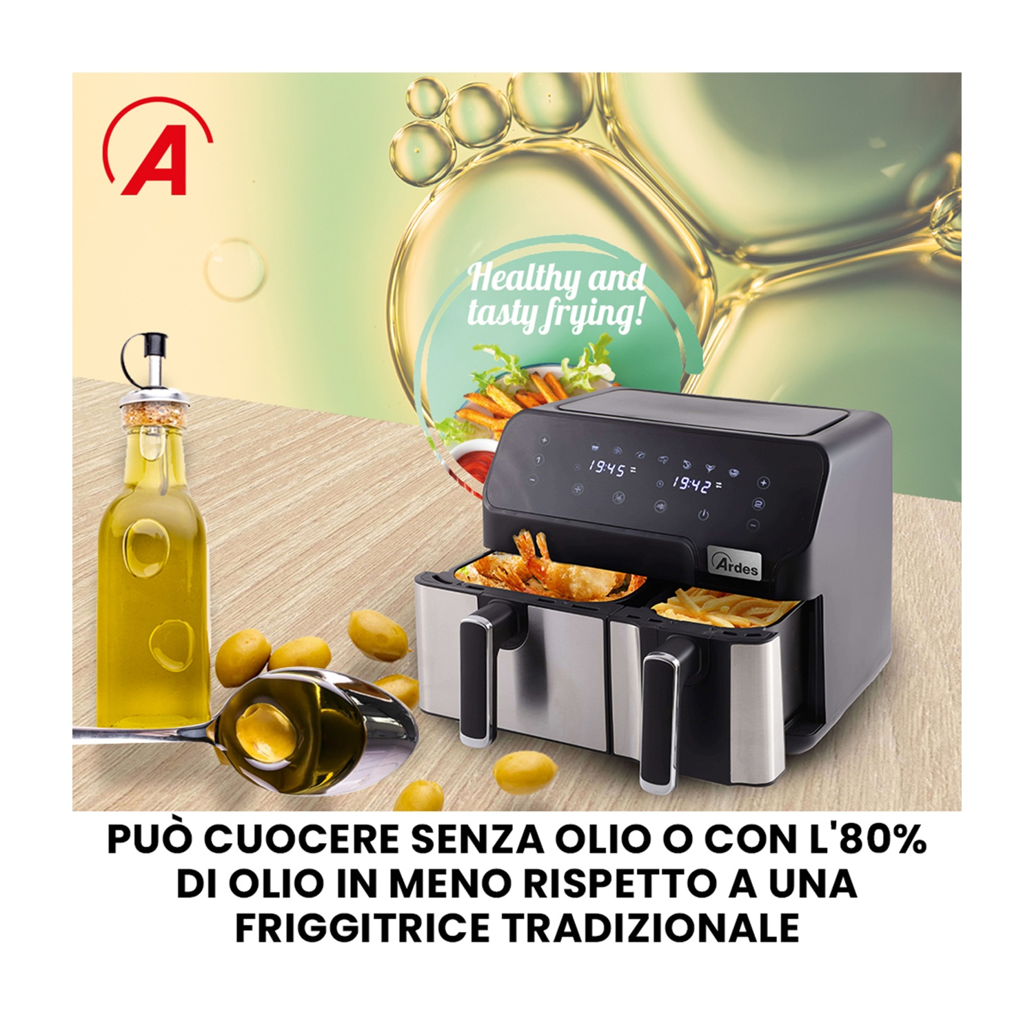 Friggitrice ad aria con bottiglia d'olio, patate e cucchiaio. Testo: 'Frittura sana e gustosa!'