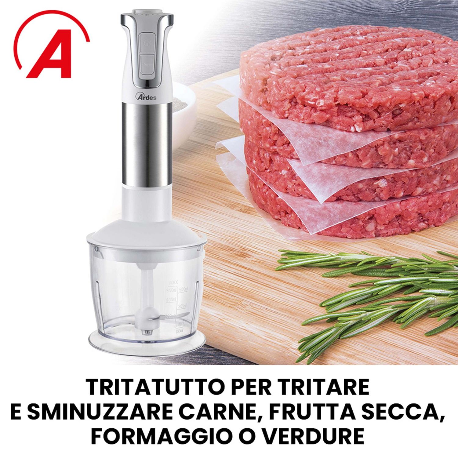 Frullatore a immersione e ingredienti. Il testo recita: “TRITATUTTO PER FRITARE”.