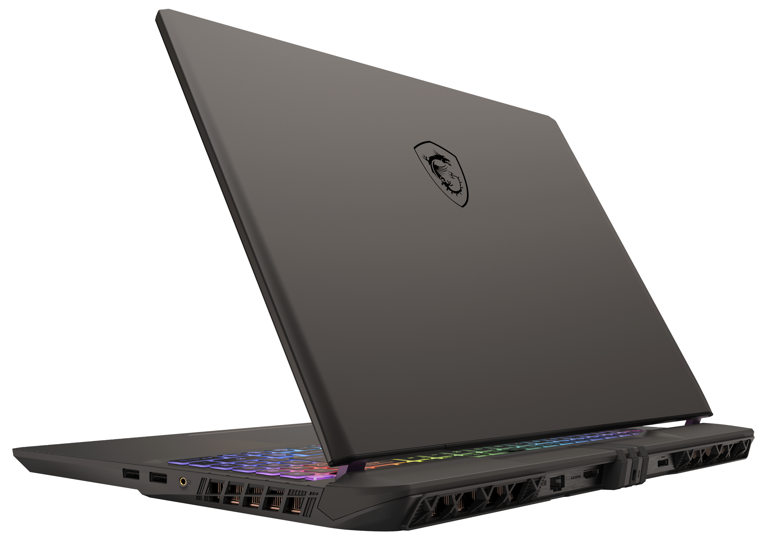 Schwarzer Laptop, Rücken und Oberseite geöffnet. Die Tastatur hat farbige Beleuchtung, mehrere Anschlüsse sichtbar.