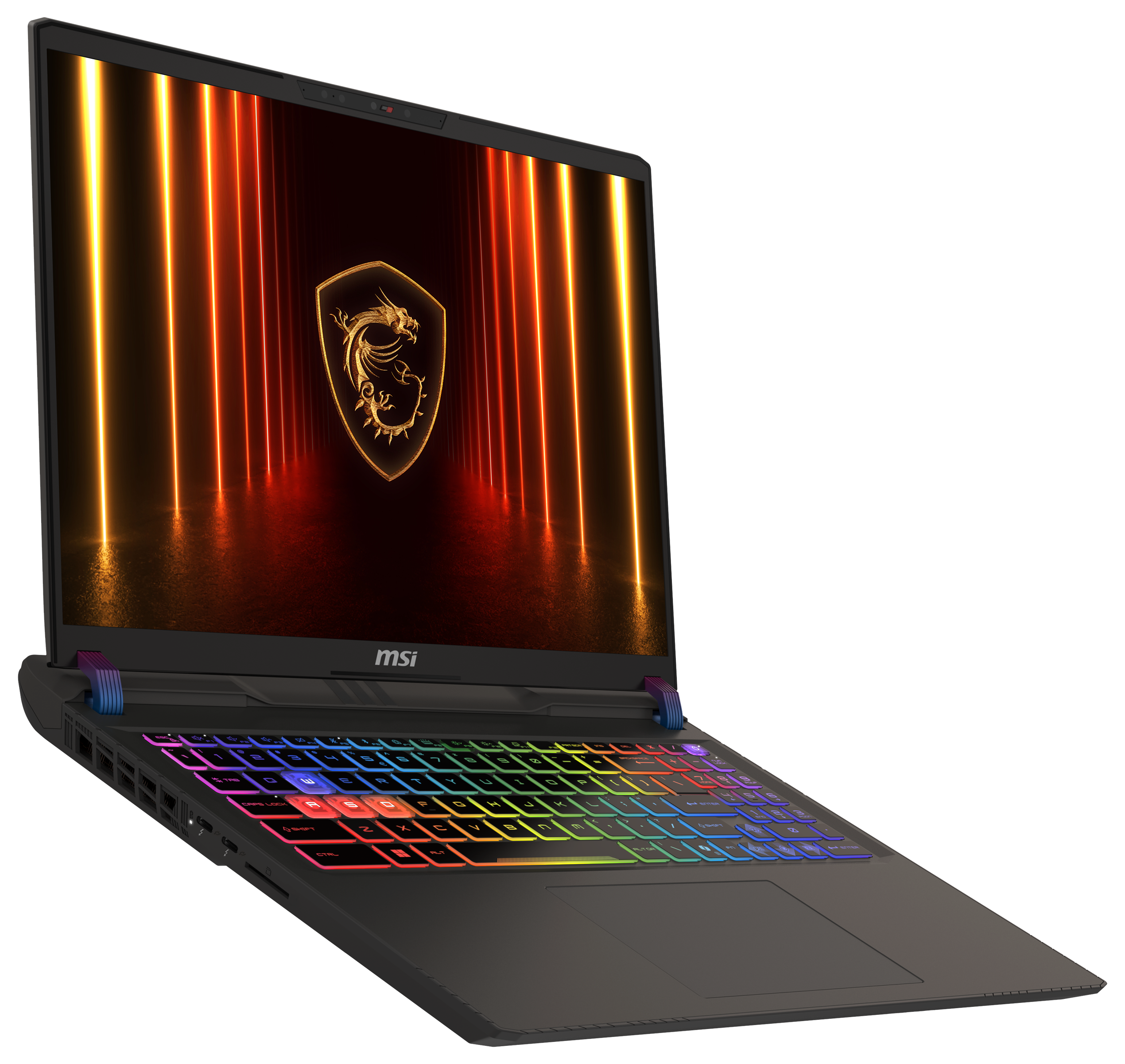 Schwarzer MSI-Laptop mit bunter Tastatur, Bildschirm mit Drachenlogo und roten Akzenten an den Seiten.