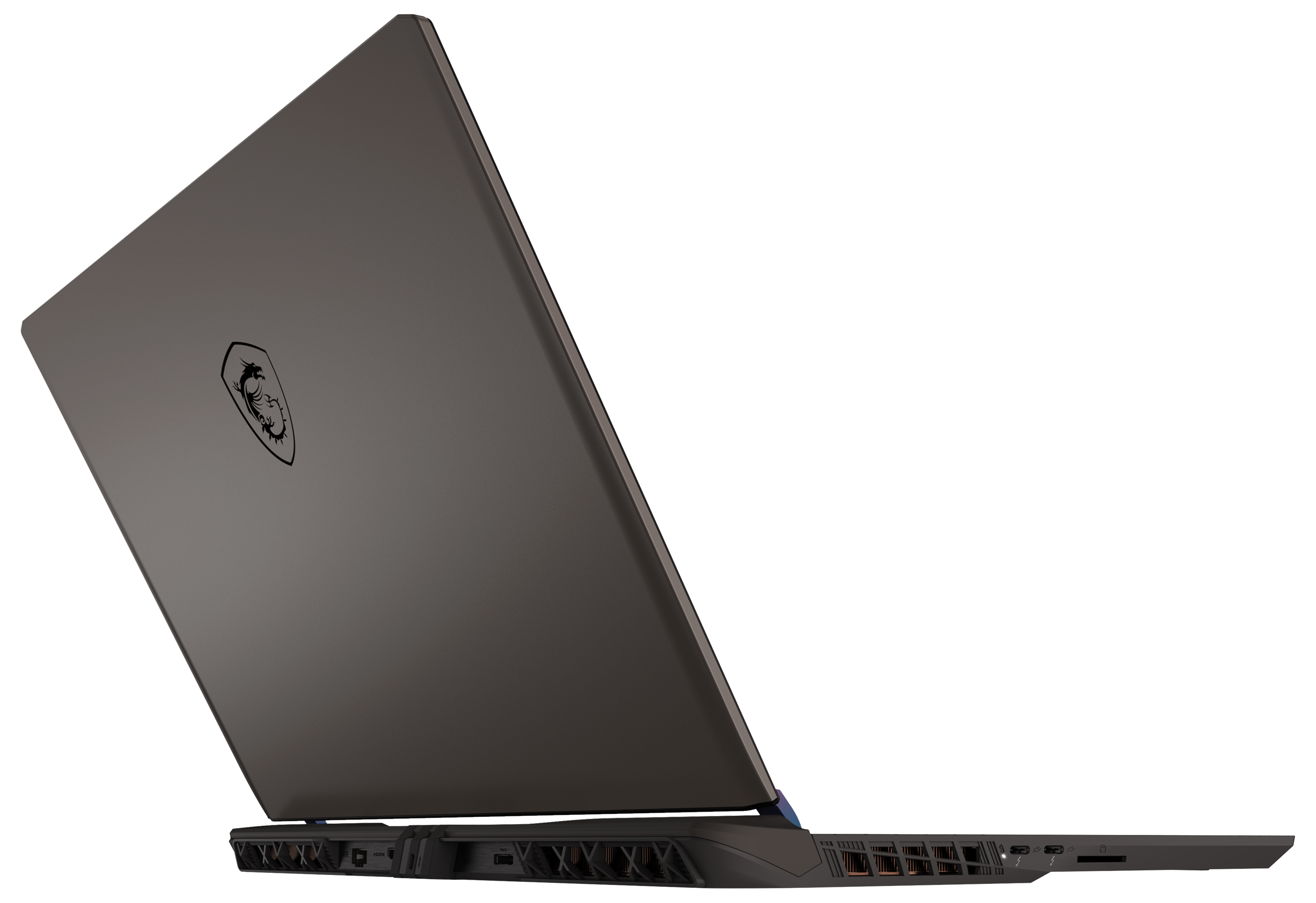 Schwarzer Laptop mit MSI-Logo. Teilweise geöffnet, vor schwarzem Hintergrund. Seitenansicht.